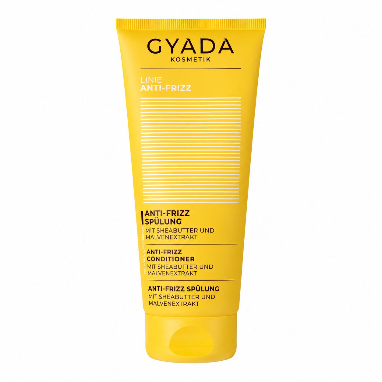 Gelbe Tube mit weißem Etikett, GYADA KOSMETIK, ANTI-FRIZZ SPÜLUNG.