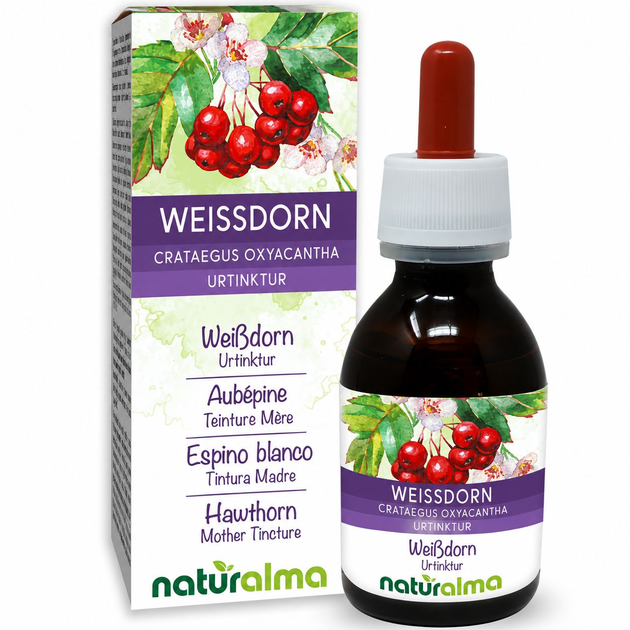 Flasche und Karton mit Weißdorn-Urtinktur, 50 ml.