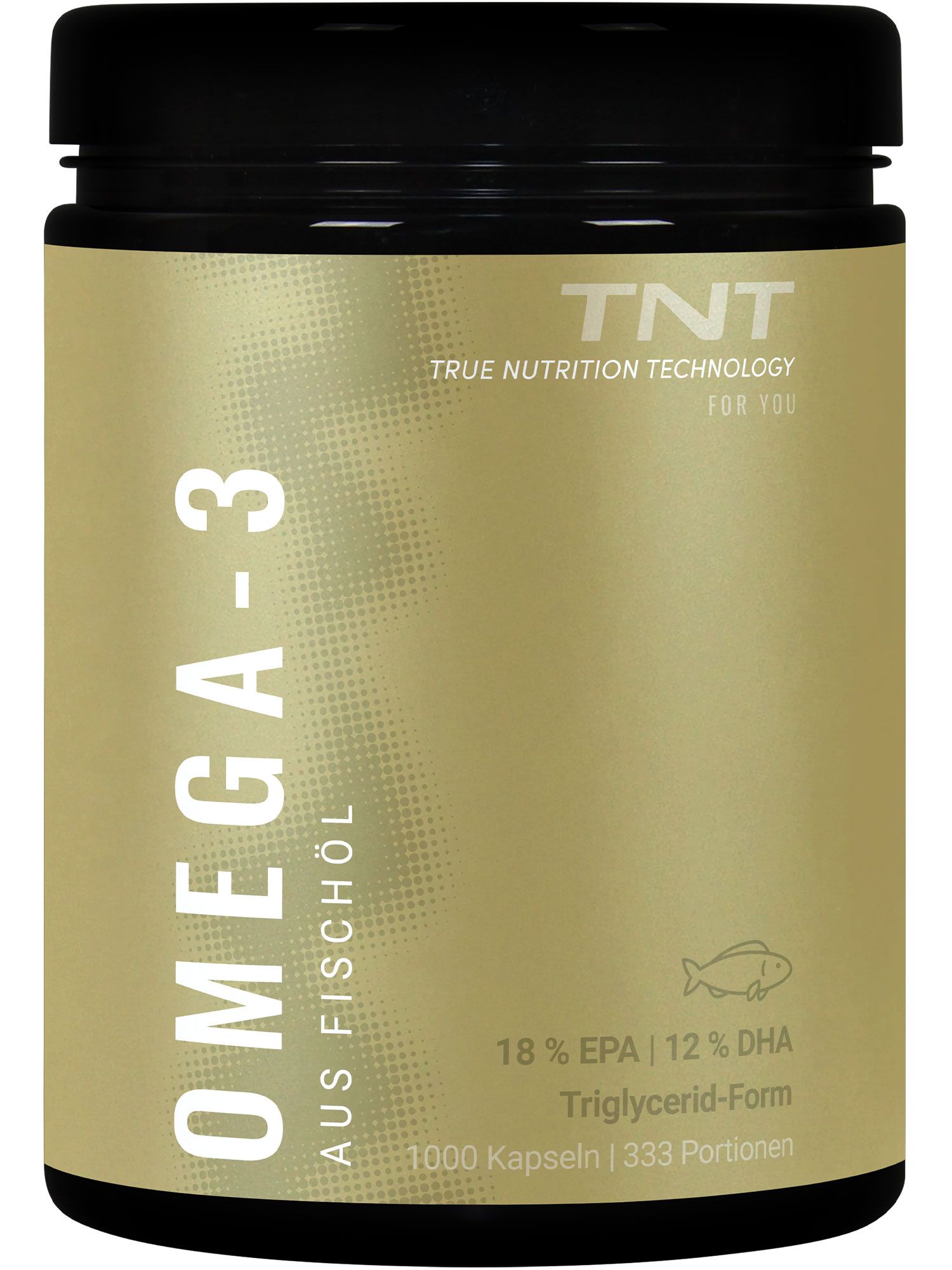 Eine Dose TNT Omega-3 Fischöl. Text: Omega-3, aus Fischöl, 18% EPA, 12% DHA, Triglycerid-Form, 1000 Kapseln.