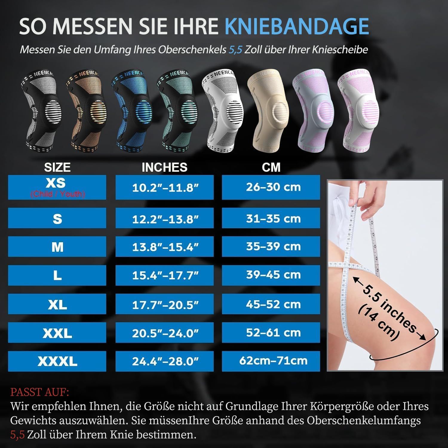 Größentabelle für Kniebandagen mit Größen XS bis XXXL in Zoll und cm.