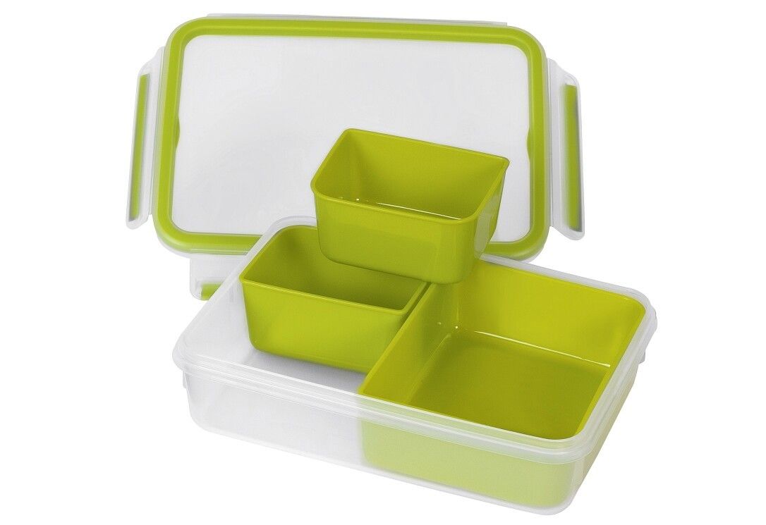 Rechteckige Frischhaltedose mit grünem Deckel und Unterteilungen. Drei grüne Behälter sind separat.