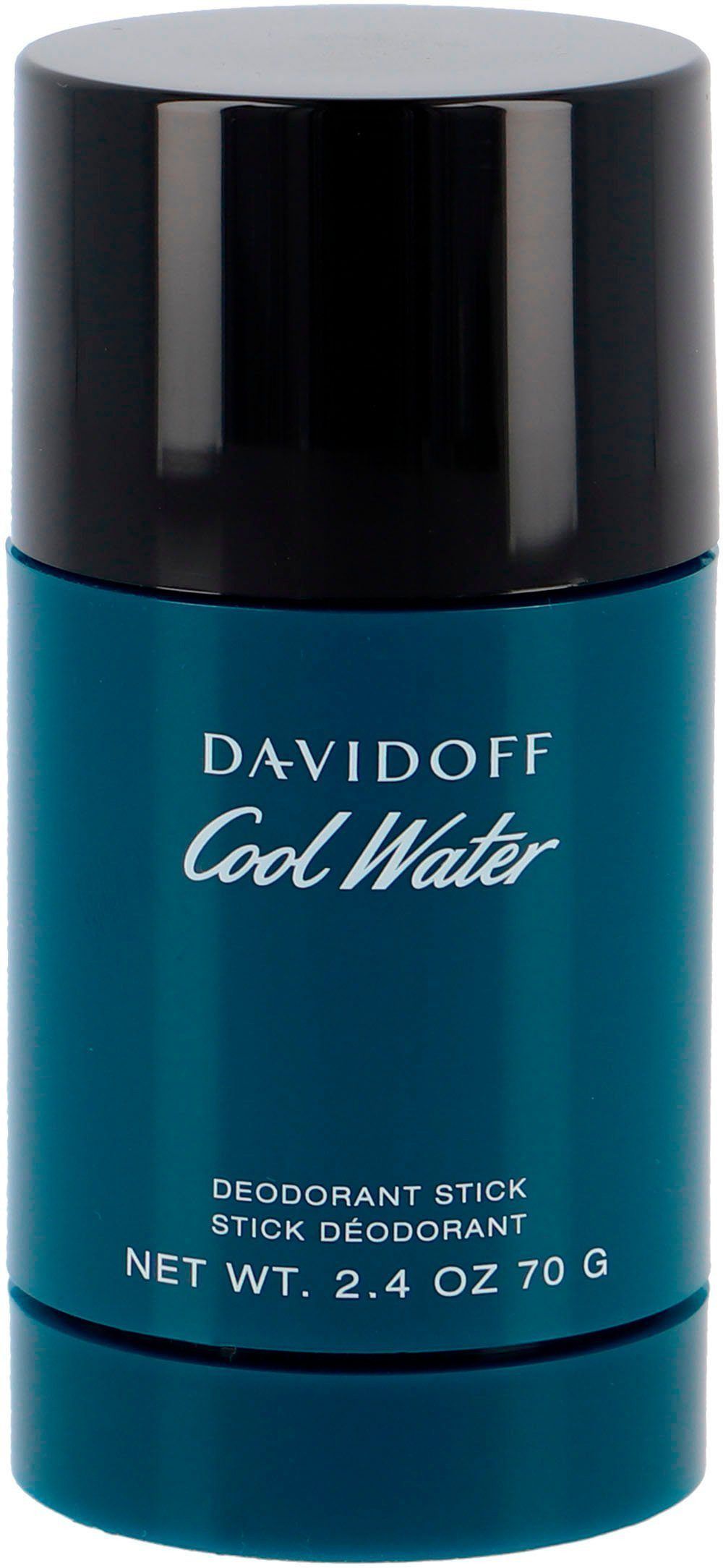 Davidoff Cool Water Deodorant Stick. Zylindrische Form, blau mit schwarzem Deckel. Schriftzug und Gewichtsangabe.