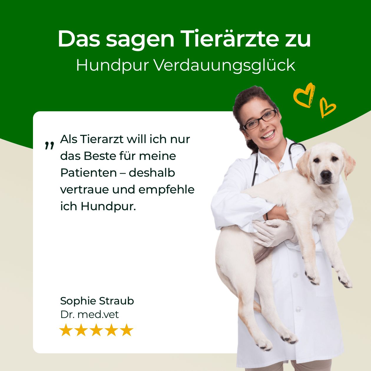 Tierärztin mit Welpen. Text: Das sagen Tierärzte zu Hundpur Verdauungsglück. Zitat: Empfehle ich Hundpur. Sternebewertung.