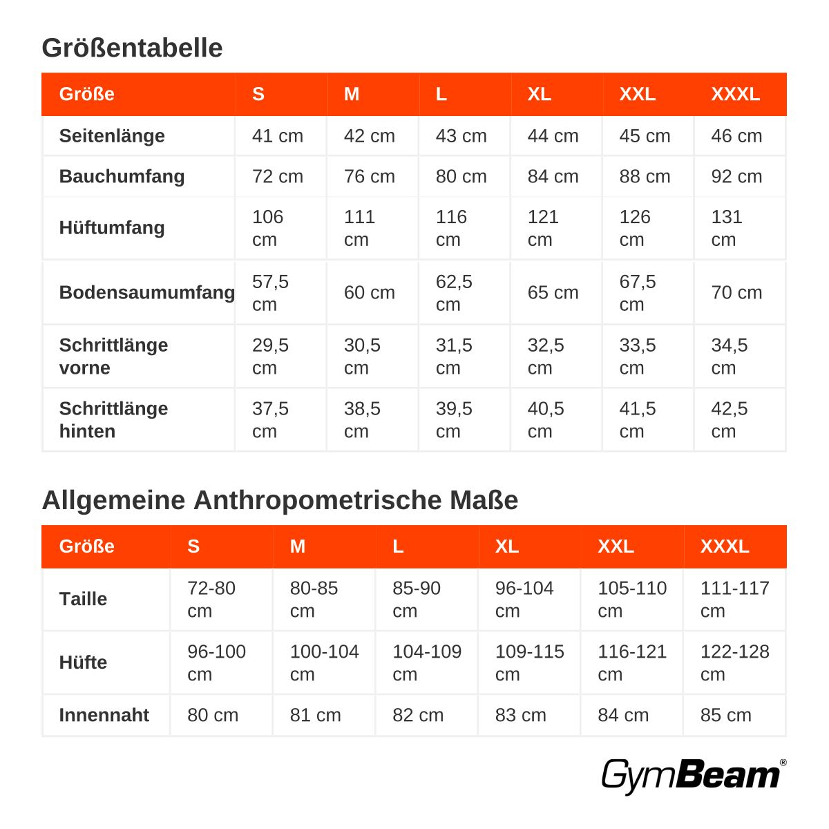 Größentabelle mit Maßen für Kleidung: Seitenlänge, Bauchumfang, Hüftumfang, Bodensaumumfang, Schrittlänge vorne und hinten.