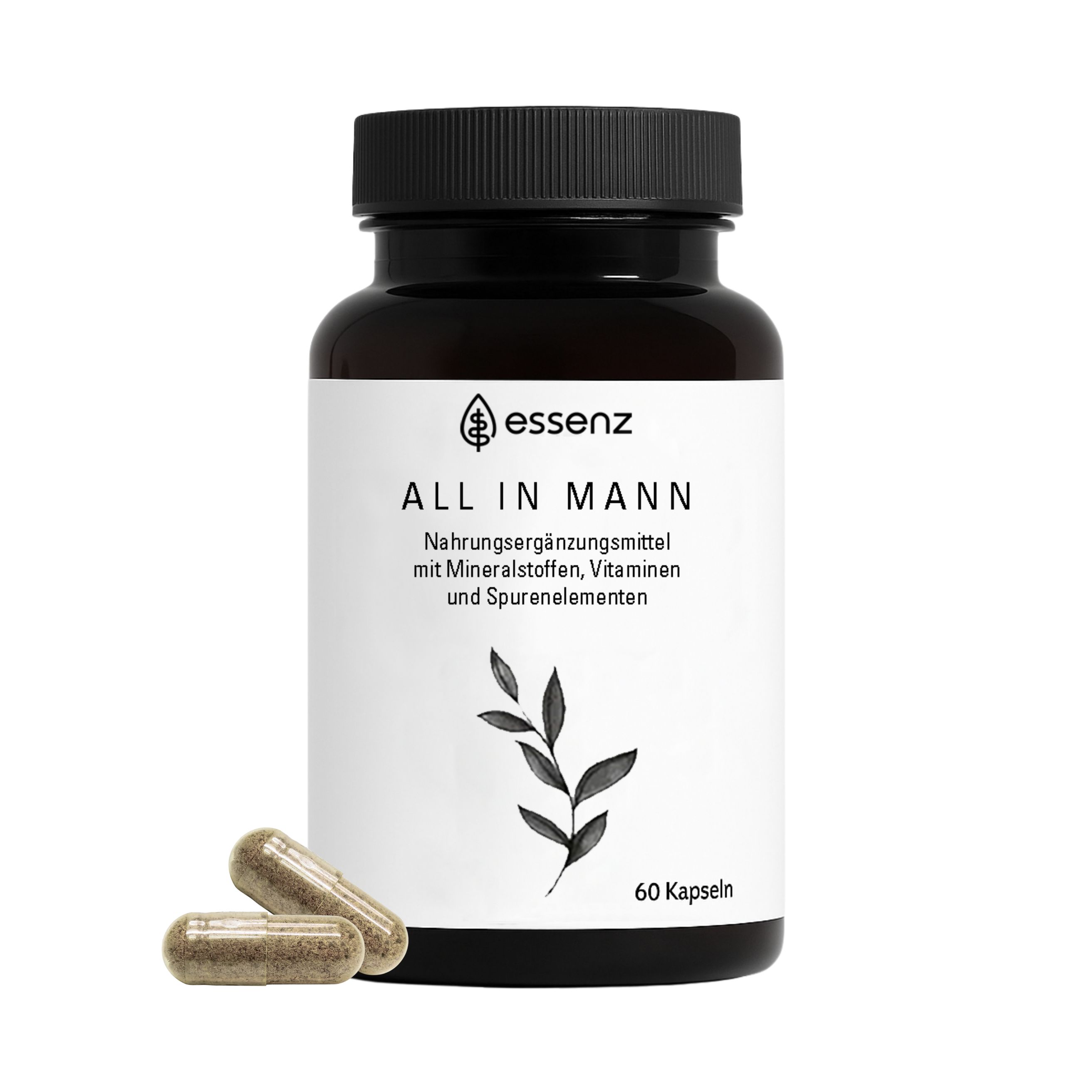 Braune Kapseln neben brauner Flasche. Text: ESSENZ ALL IN MANN, 60 Kapseln. Nahrungsergänzungsmittel mit Mineralstoffen, Vitaminen und Spurenelementen.