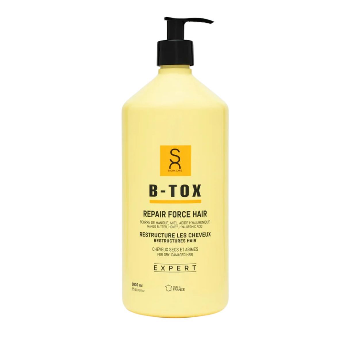 Gelbe Flasche mit schwarzem Pumpverschluss. Aufschrift: B-Tox, Repair Force Hair, Restructure les cheveux. Expert-Logo. Hergestellt in Frankreich.