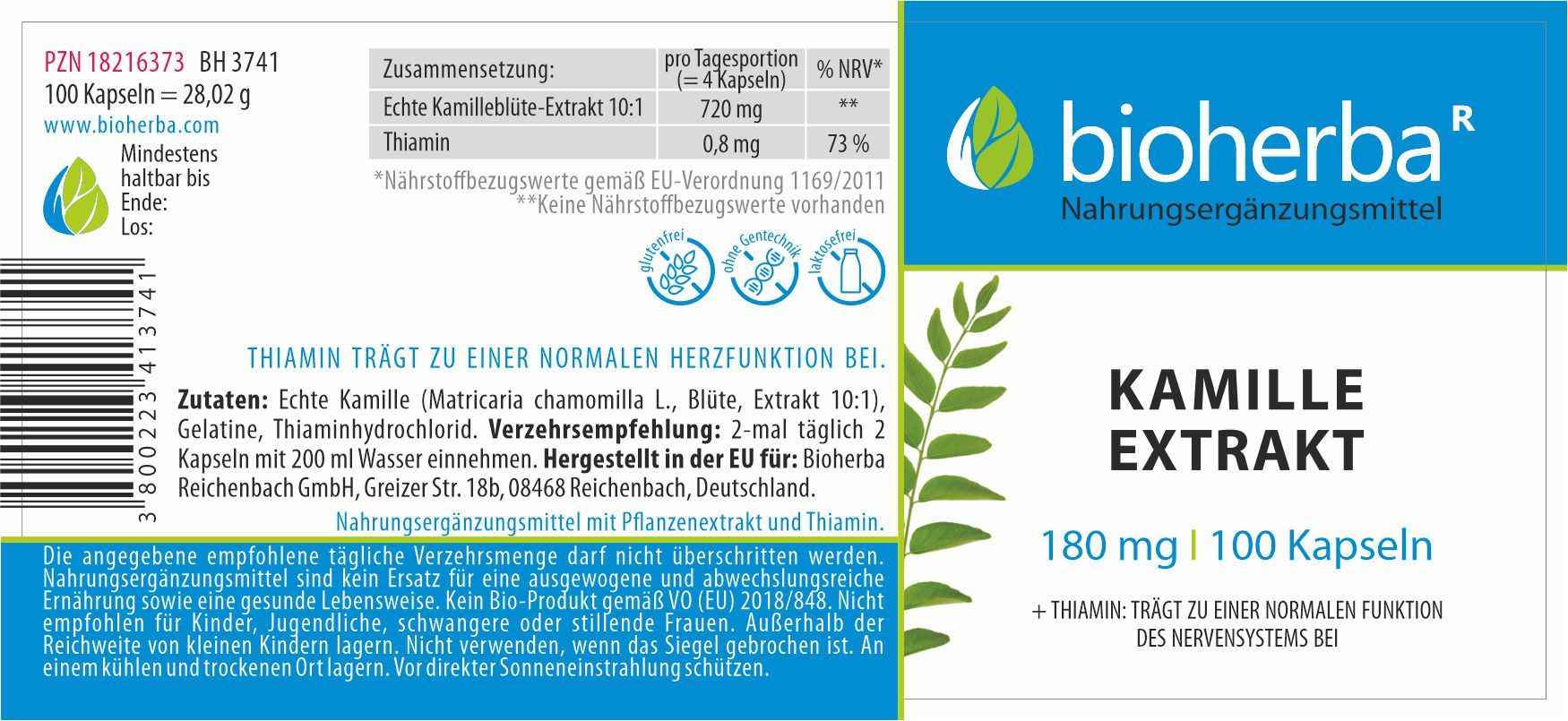 Etikett mit Produktinformationen. Kamille Extrakt Kapseln, 180 mg, 100 Kapseln. Bioherba Logo. Inhaltsstoffe und Verzehrempfehlung.