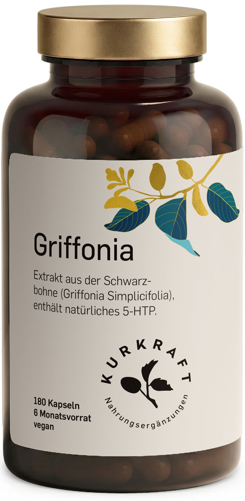 Braune Glasflasche mit Kapseln. Text: Griffonia, Extrakt aus der Schwarzbohne, 180 Kapseln, vegan. Logo: Kurkraft.