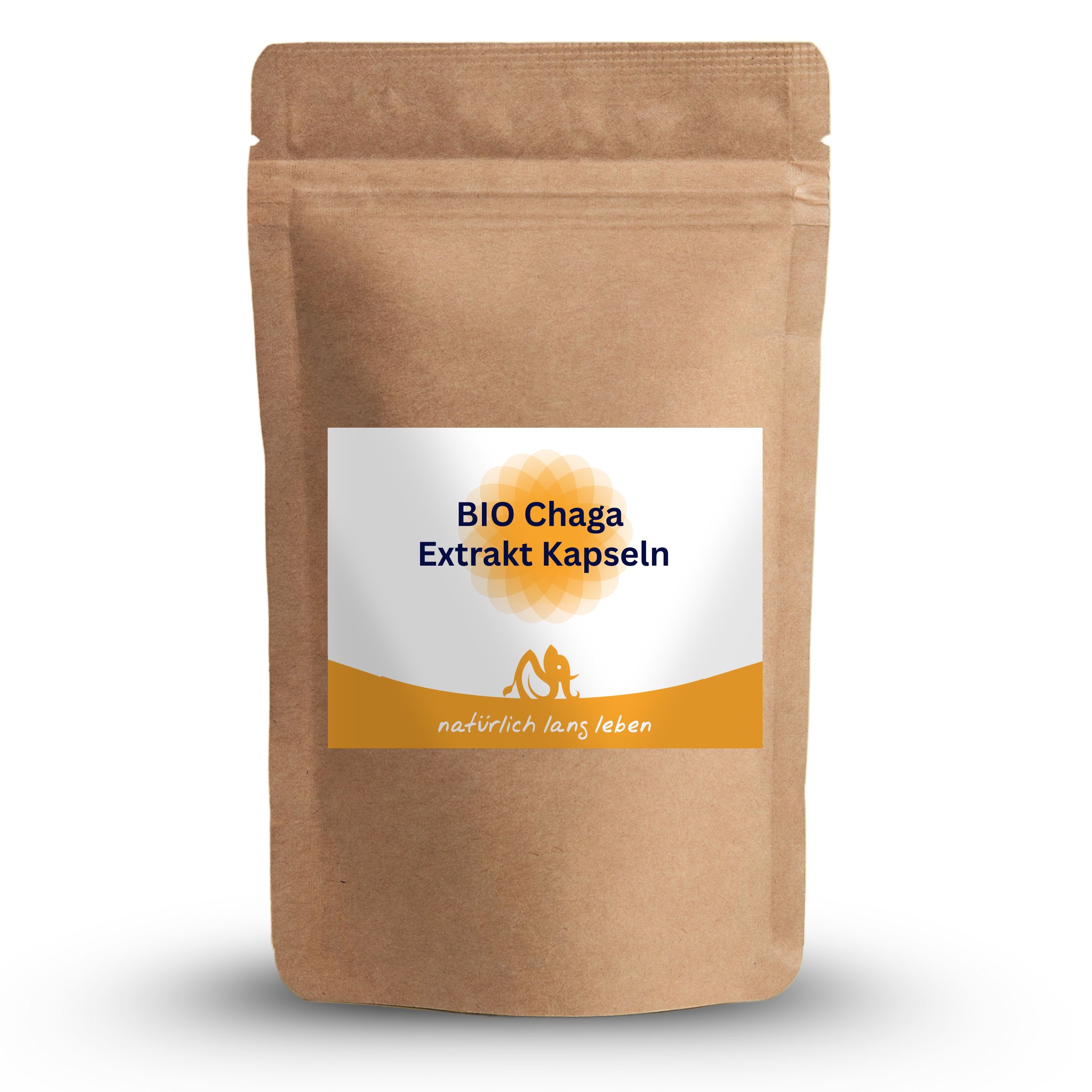 Braune Papierverpackung mit Etikett. Aufschrift: BIO Chaga Extrakt Kapseln. Logo und Schriftzug: natürlich lang leben.