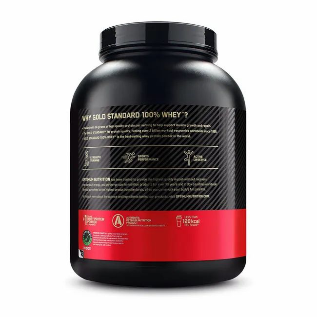 Rückseite eines schwarzen Behälters mit rotem Etikett. Text: Gold Standard 100% Whey. Enthält Informationen zu Nährwerten und Inhaltsstoffen.