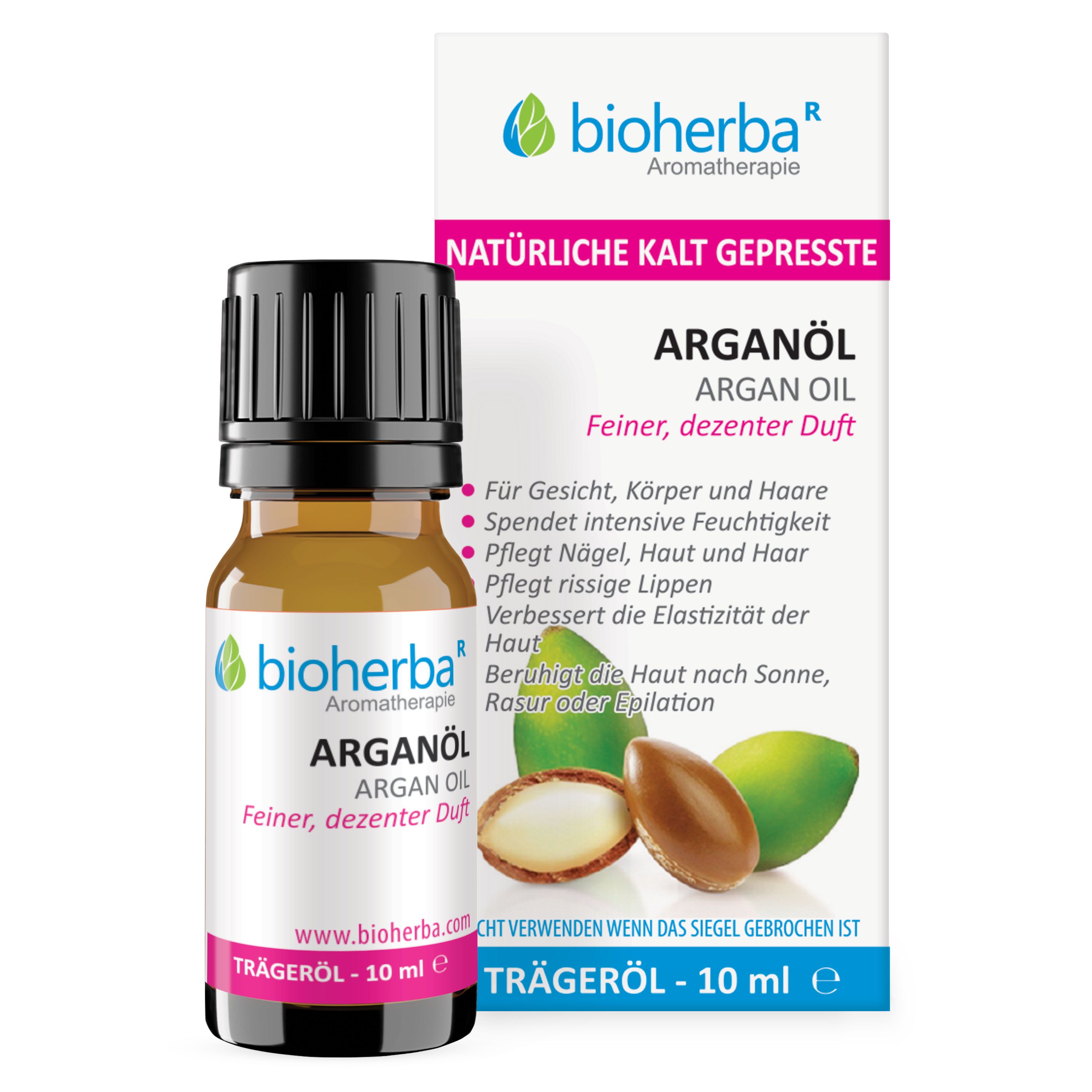 Braune Glasflasche mit schwarzem Deckel und Karton. Text: Bioherba Arganöl, 10 ml. Abbildung von Arganfrüchten.
