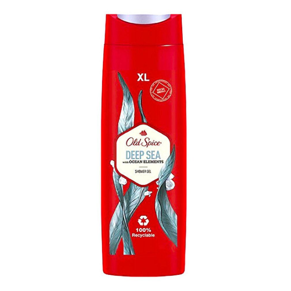Rote Flasche mit Aufschrift XL. Aufschrift: Old Spice Deep Sea, mit Ocean Elements, 100% recycelbar. Mit Meeresmotiven.