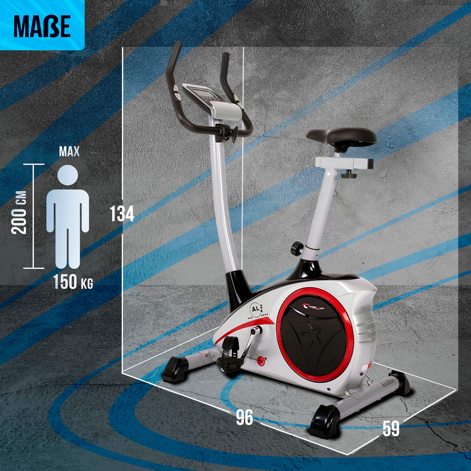 Ergometer mit Größenangaben. Maximale Benutzergröße 200 cm, maximales Benutzergewicht 150 kg. Abmessungen: 96 x 59 cm.