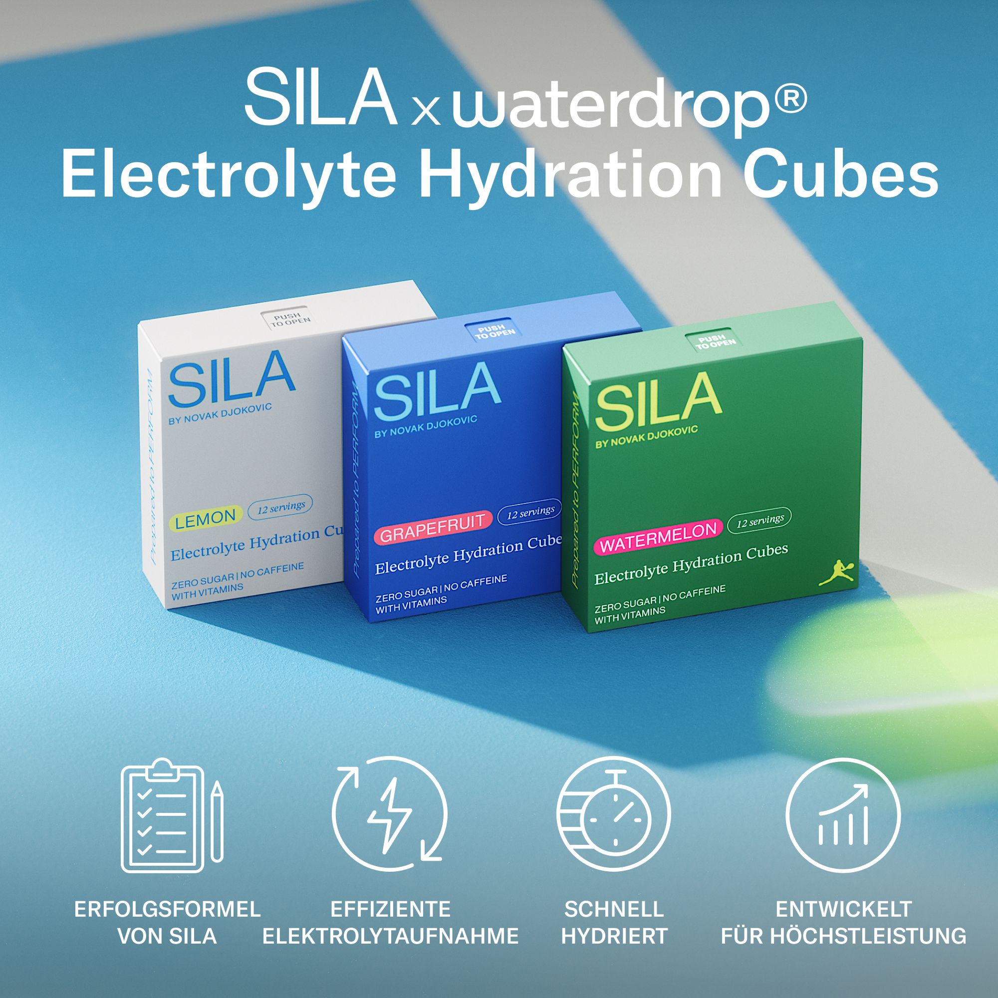 Drei quadratische Kartons mit Aufschrift SILA. Geschmacksrichtungen: Zitrone, Grapefruit, Wassermelone. Aufschrift: Elektrolyte Hydration Cubes.