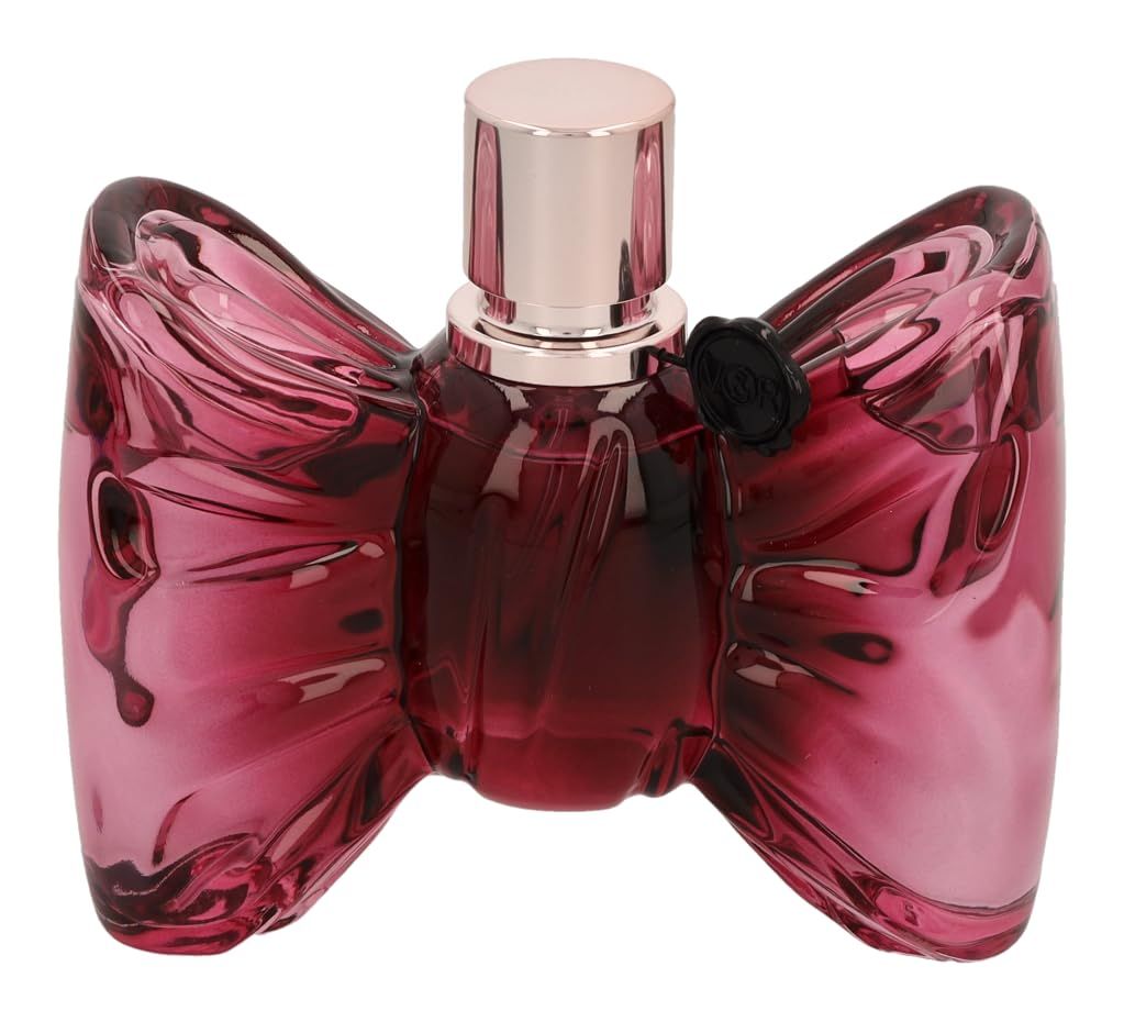 Parfümflasche in Schleifenform. Rosa Glasflasche mit silbernem Verschluss. Schwarzes Siegel mit Logo.