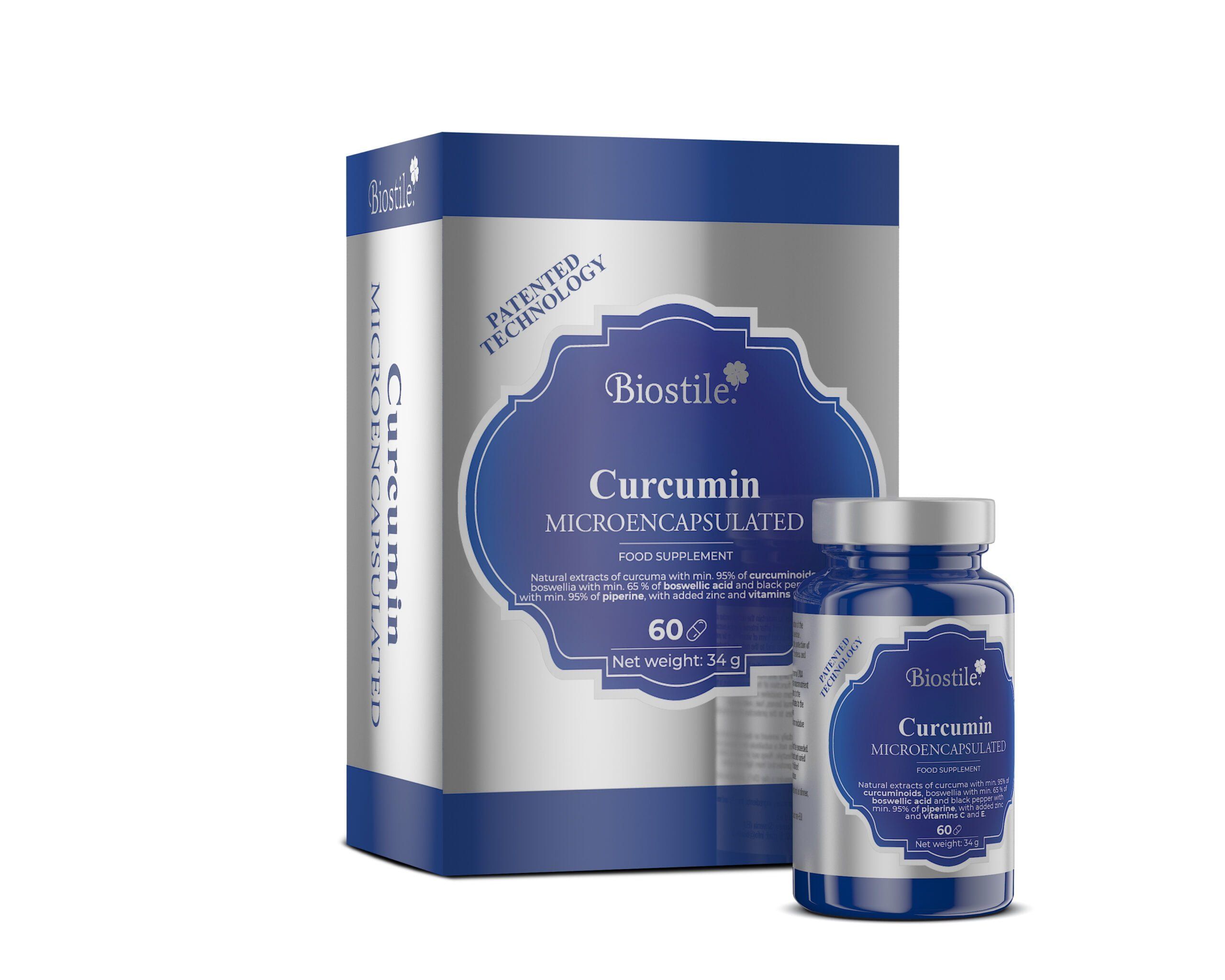 Blaues Glas mit Kapseln und Schachtel mit Produktaufschrift. Aufschrift: Biostile Curcumin Microencapsulated.