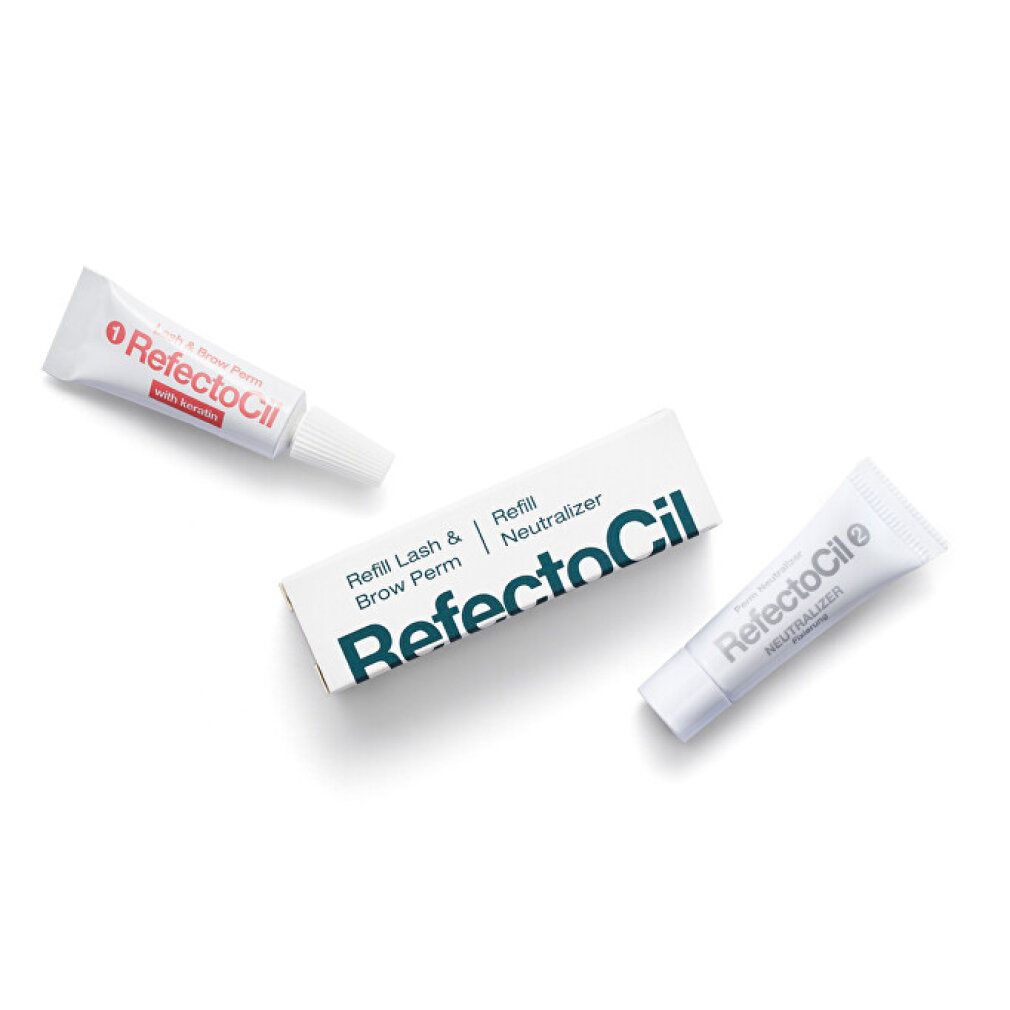 RefectoCil-Produkt. Eine Packung und zwei Tuben. Auf der Packung steht "Refill Lash & Brow Perm / Refill Neutralizer".