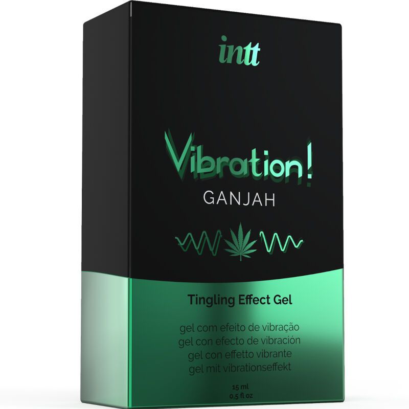 Schwarze Schachtel mit grünem Streifen. Text: INTT, Vibration!, Ganjah, Tingling Effect Gel. Mehrsprachiger Text.