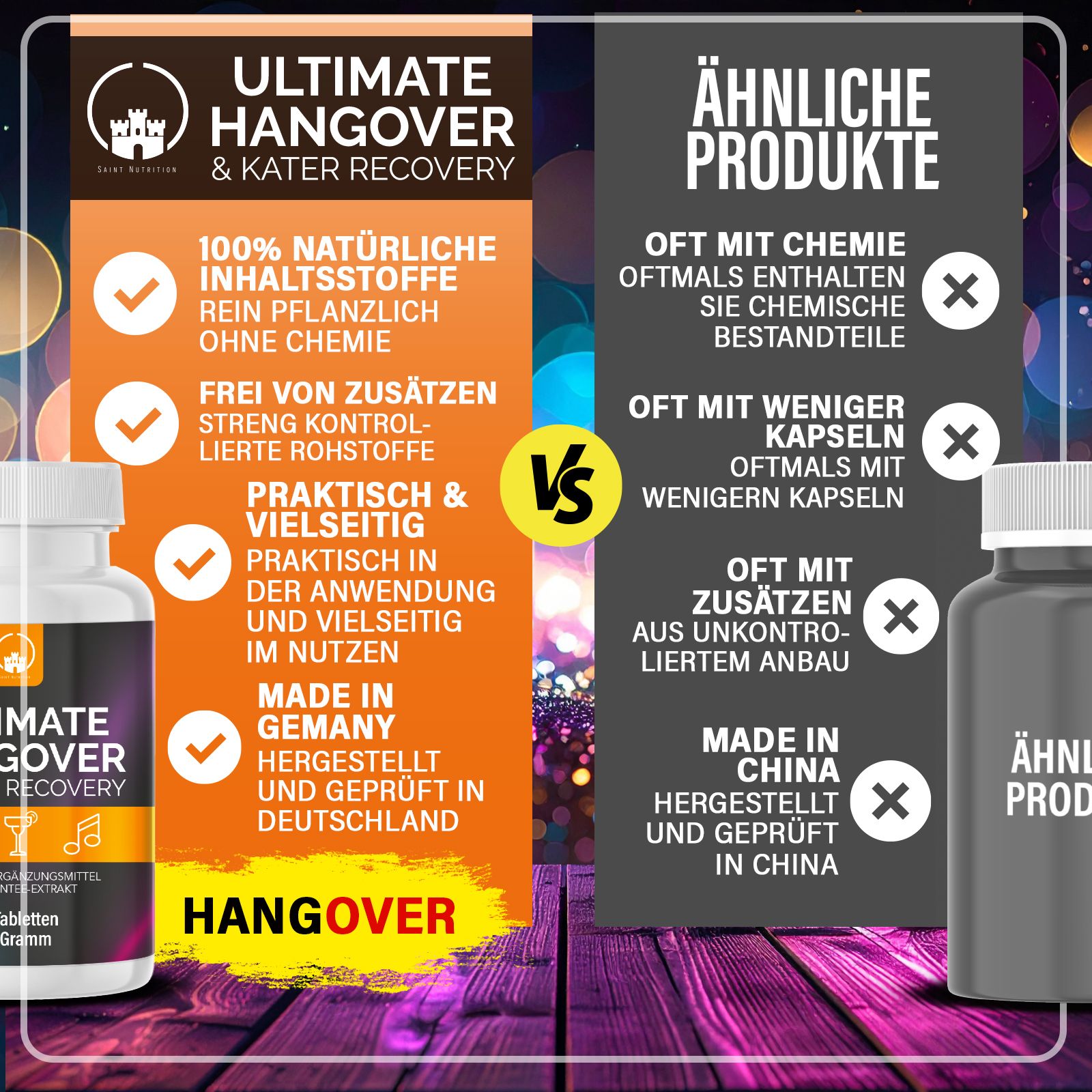 Vergleich: Ultimate Hangover vs. ähnliche Produkte. Weiße Flasche mit Etikett. Text: 100% natürliche Inhaltsstoffe, Made in Germany.