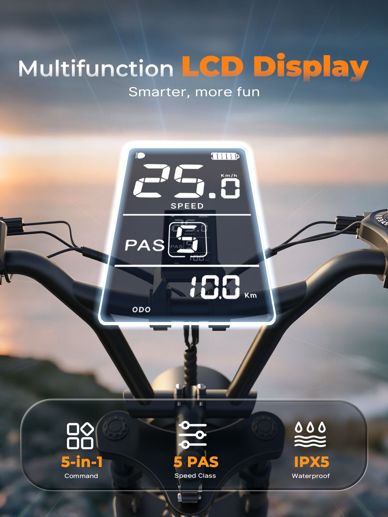 Digitales Multifunktions-LCD-Display. Text: 25,0 km/h, PAS, 10,0 km, 5-in-1 Command, 5 PAS Speed Class, IPX5 Waterproof.