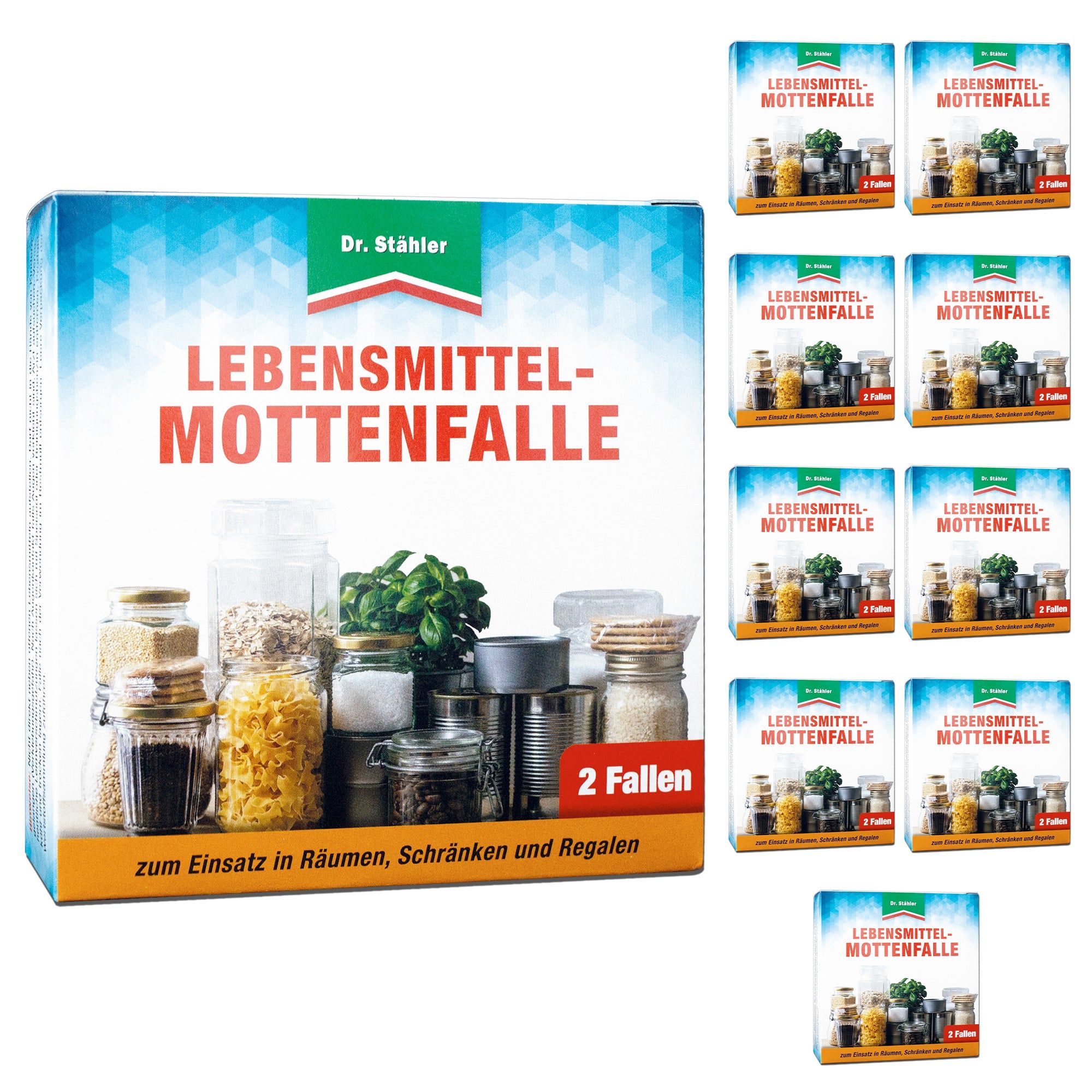 Lebensmittel-Mottenfalle, Packung mit 2 Fallen, umgeben von weiteren Packungen. Aufdruck: Dr. Stähler, Lebensmittel-Mottenfalle.