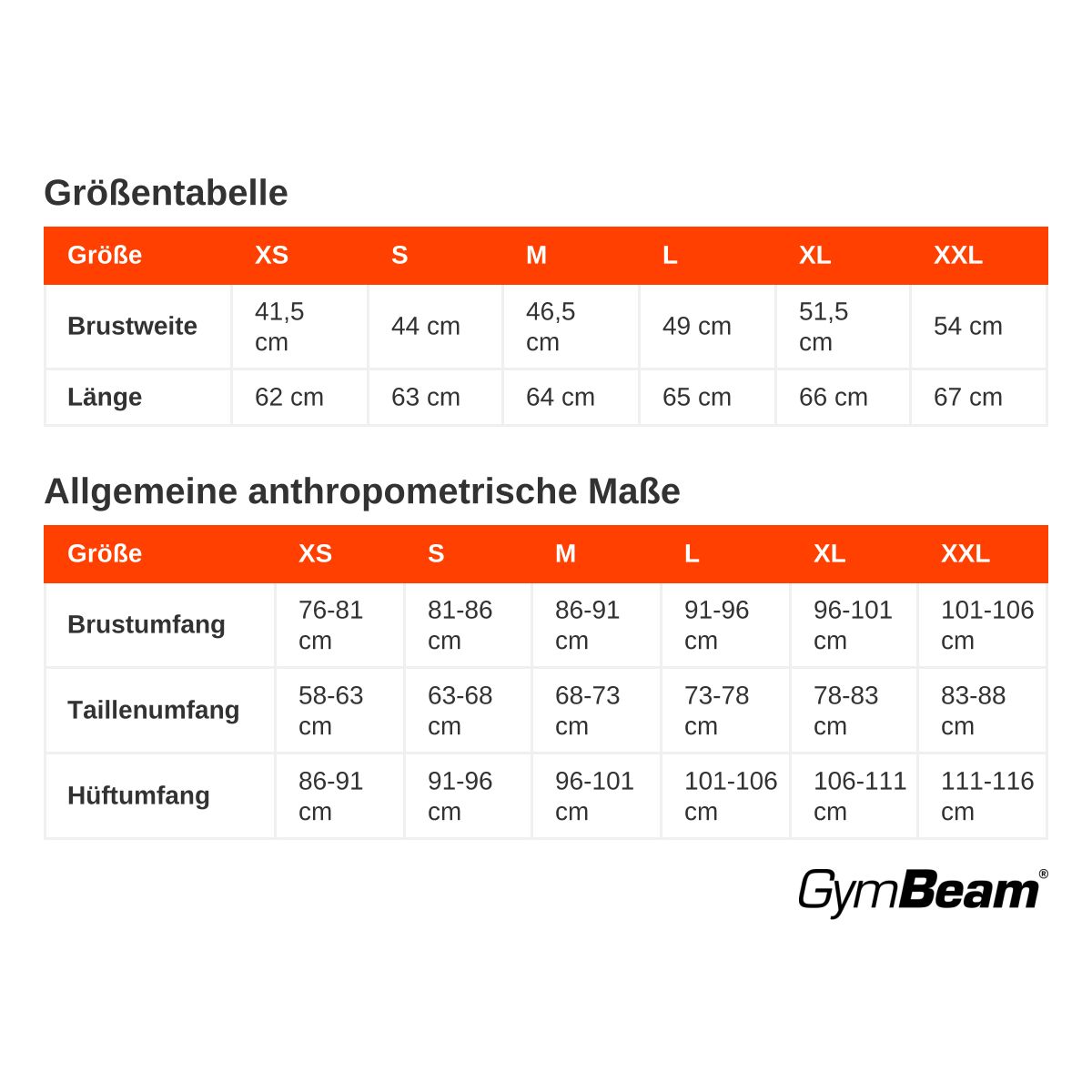 Größentabelle für Damen-T-Shirts: Brustweite und Länge in cm für Größen XS bis XXL.