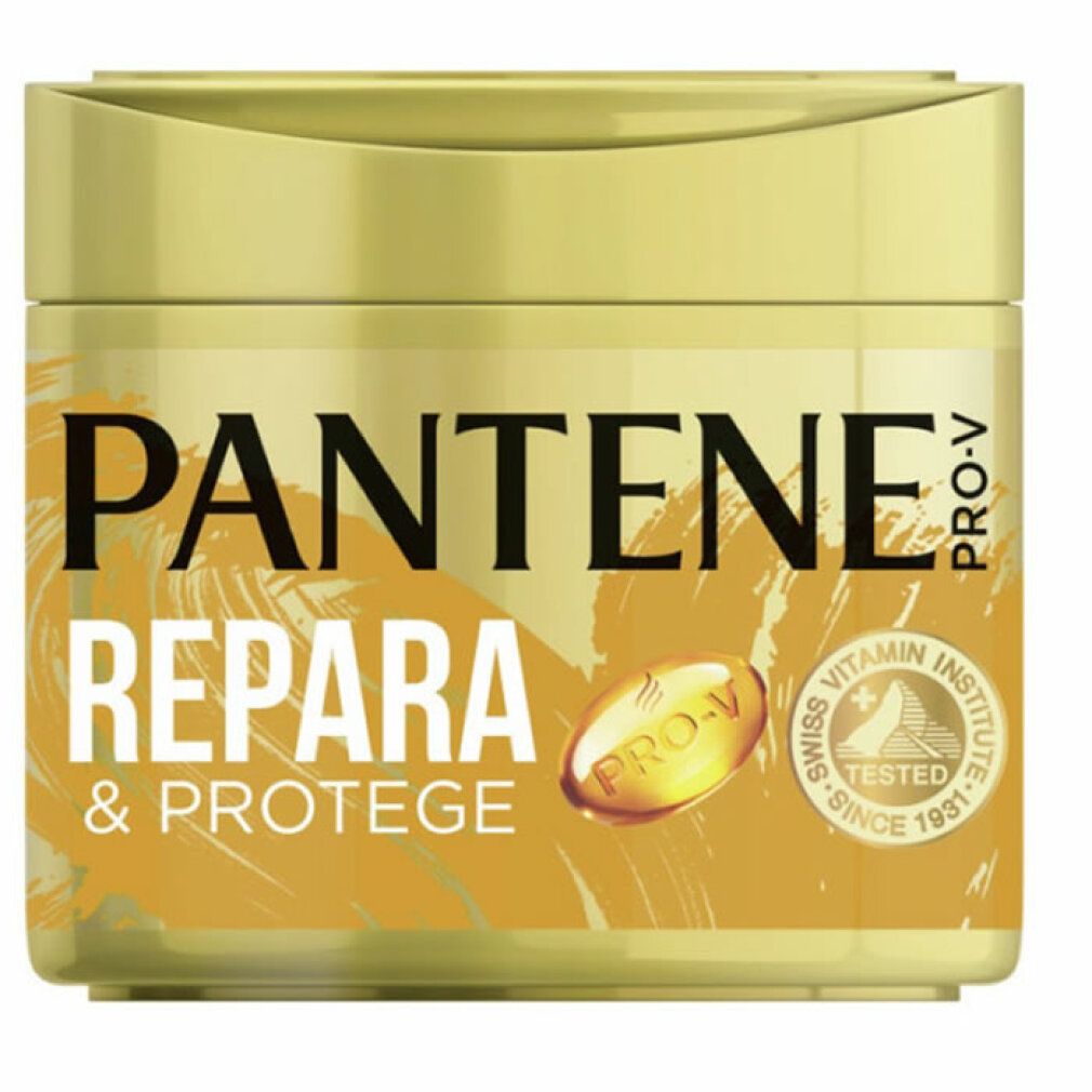 Goldfarbene Dose mit Pantene Pro-V-Logo und Schriftzug REPARA & PROTEGE. Mit Swiss Vitamin Institute-Siegel.