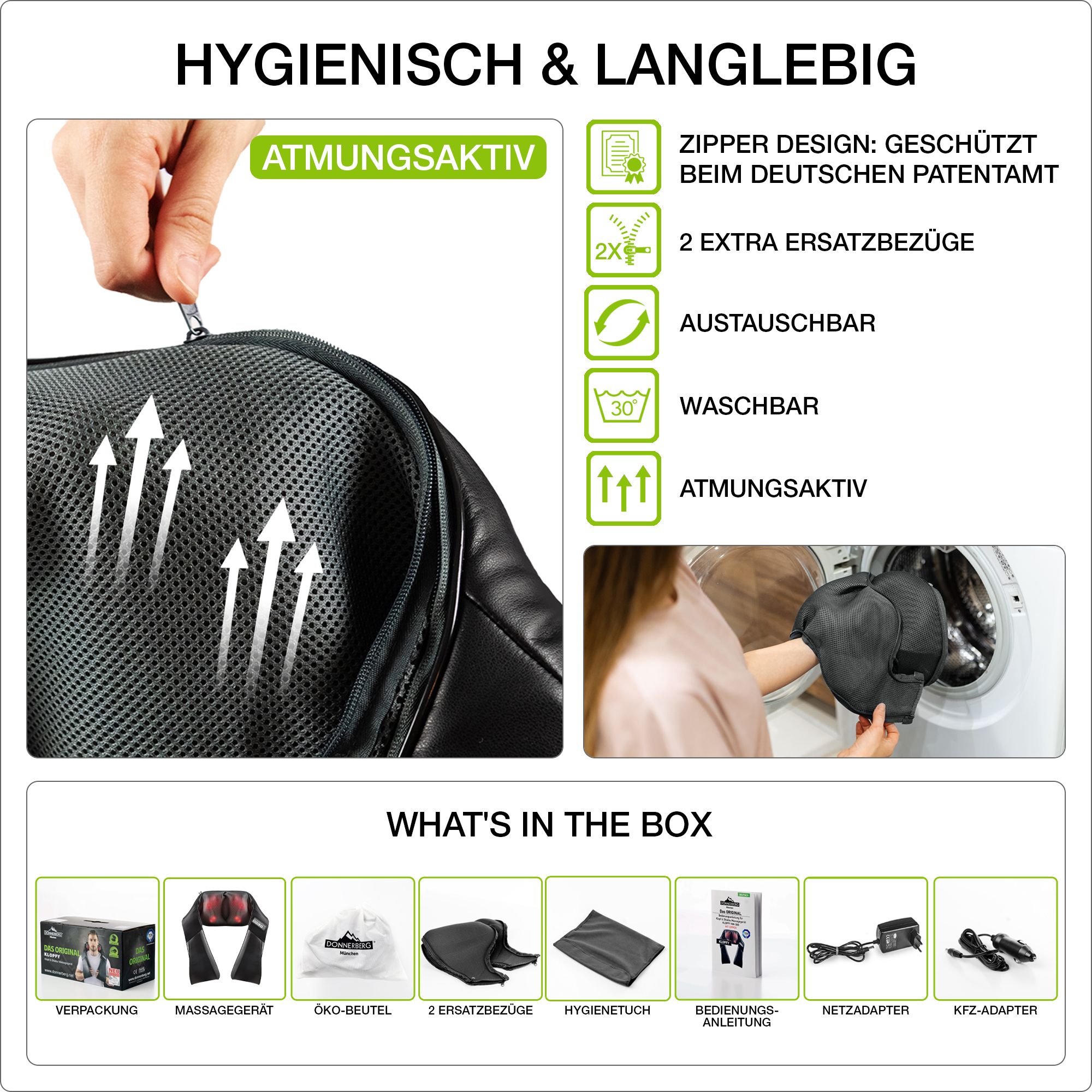 Nahaufnahme des Nackenmassagegeräts. Atmungsaktives Material, Reißverschluss-Design. Zubehör: 2 Ersatzbezüge, Reinigungstuch, Netzteil.
