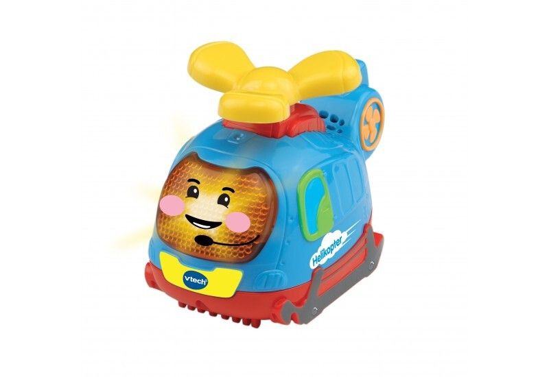 Blauer, roter und gelber Spielzeug-Helikopter. Vtech-Logo und Helikopter-Schriftzug sichtbar.