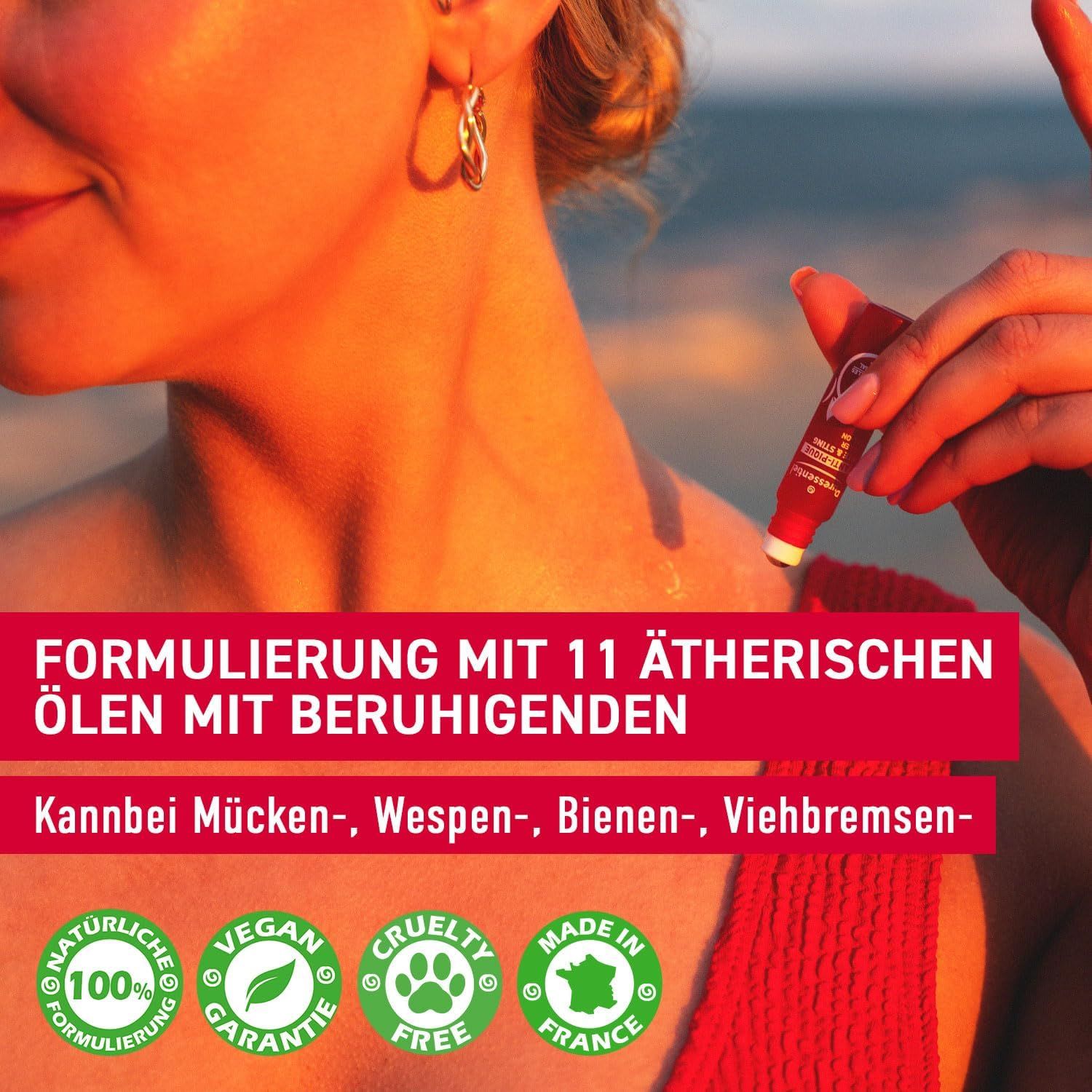 Produkt mit 11 ätherischen Ölen. Vegan, tierversuchsfrei, hergestellt in Frankreich. Anwendung bei Insektenstichen.