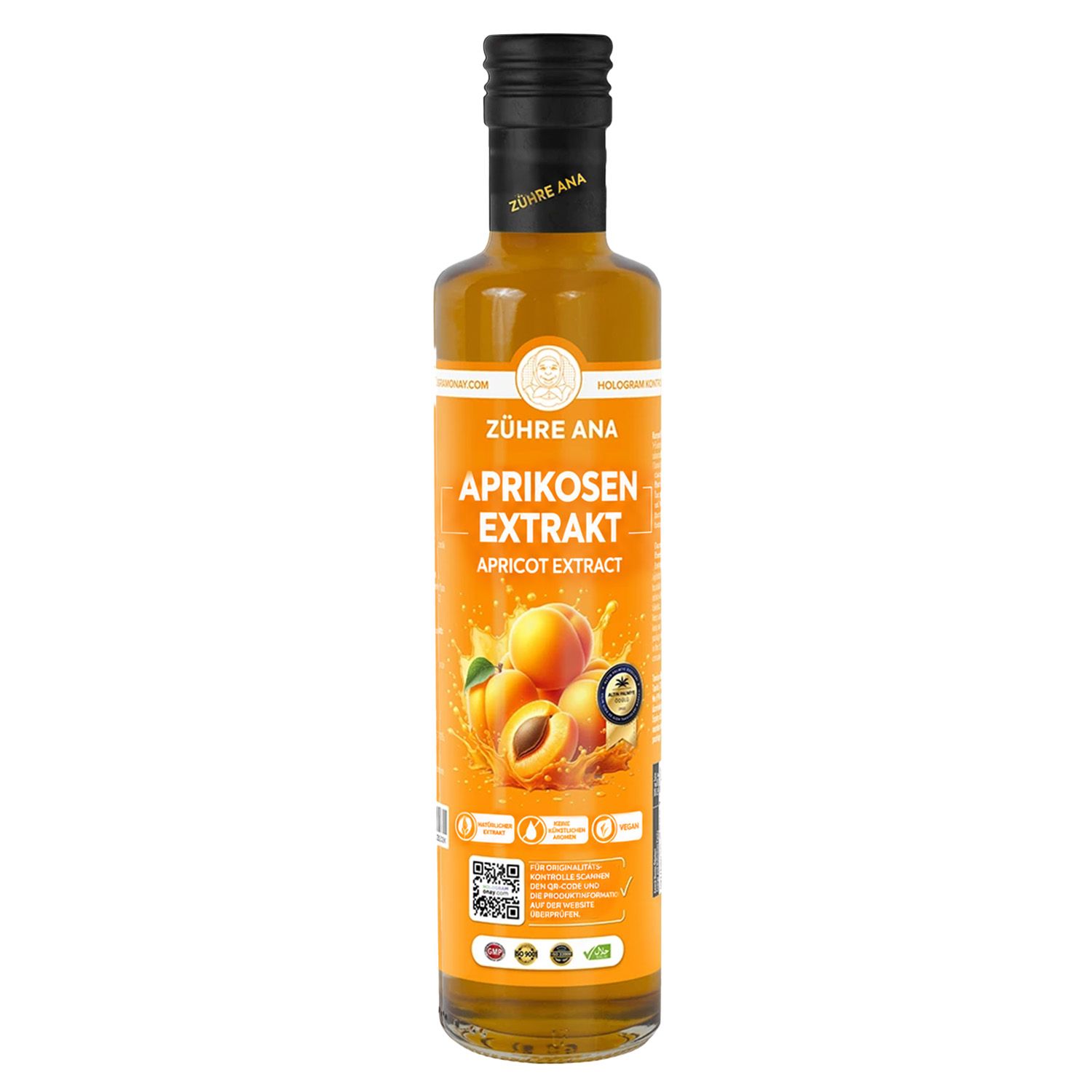 Flasche mit Aprikosenextrakt, Etikett mit Früchten und Text.