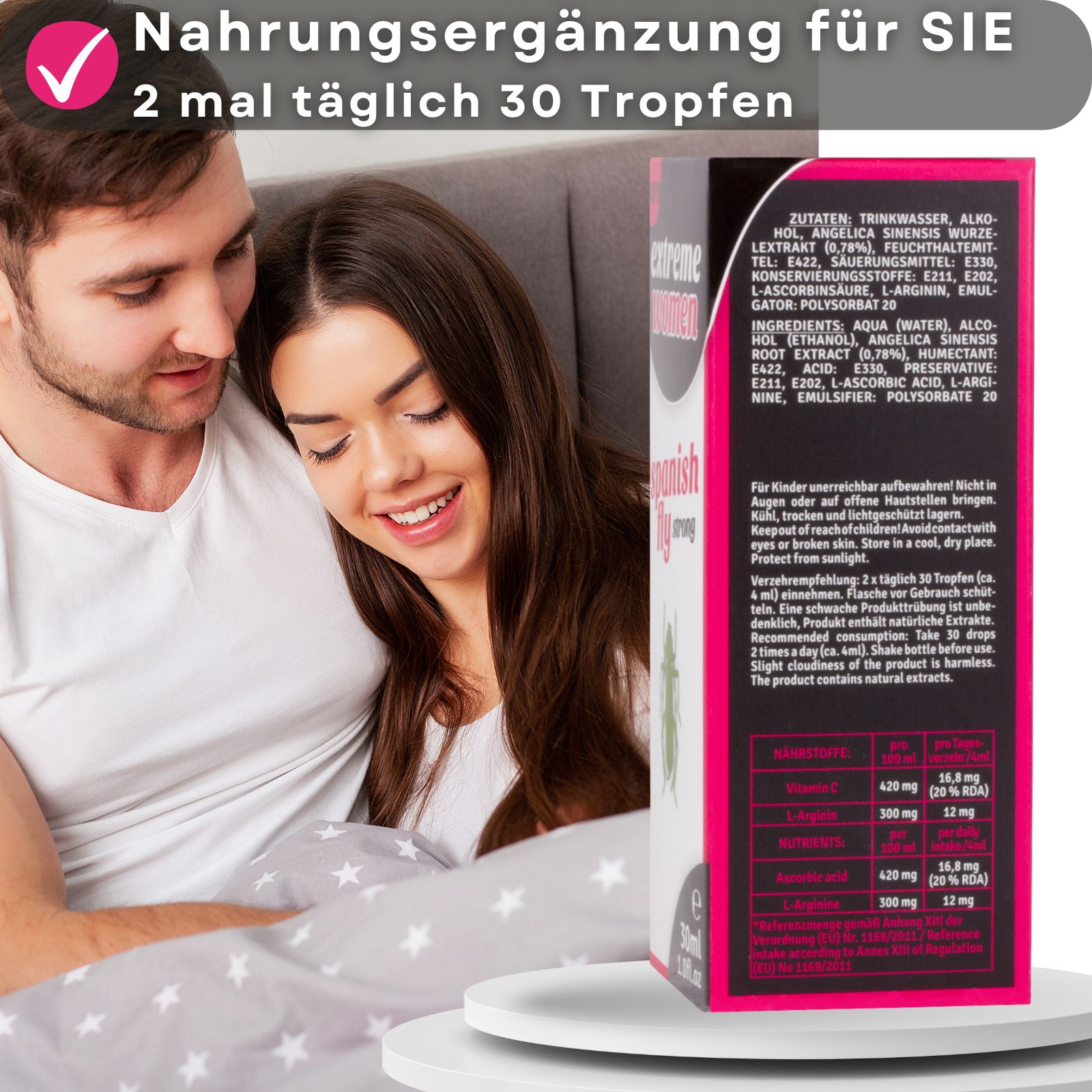 Paar im Bett. Produkt und Verpackung. Aufschrift: Spanish Fly strong. Logo: Ero Extreme Women. Text.