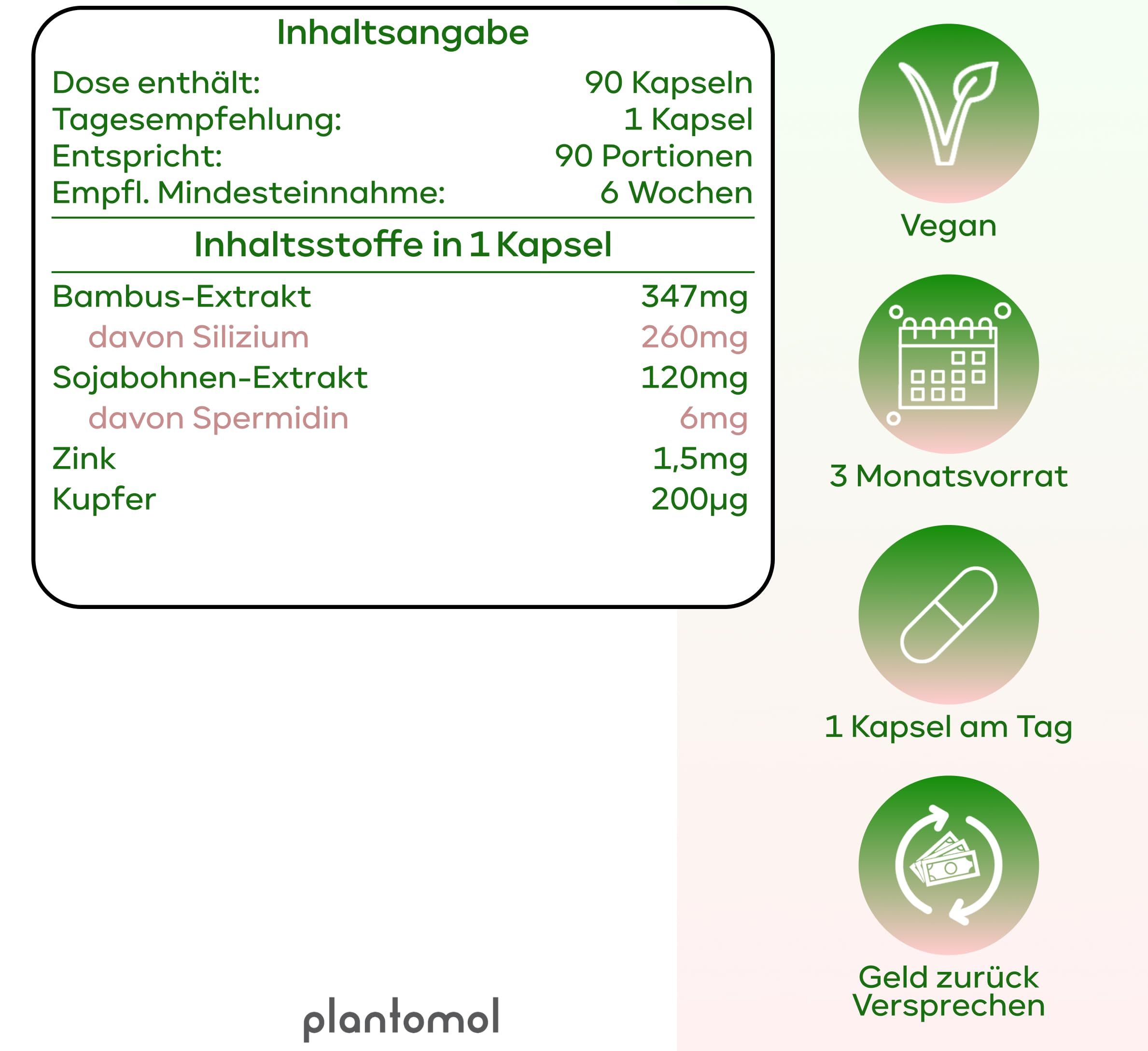 Tabelle mit Inhaltsstoffen: Bambus-Extrakt, davon Silizium, Sojabohnen-Extrakt, davon Spermidin, Zink, Kupfer. Vegan-Symbol, 3-Monatsvorrat.