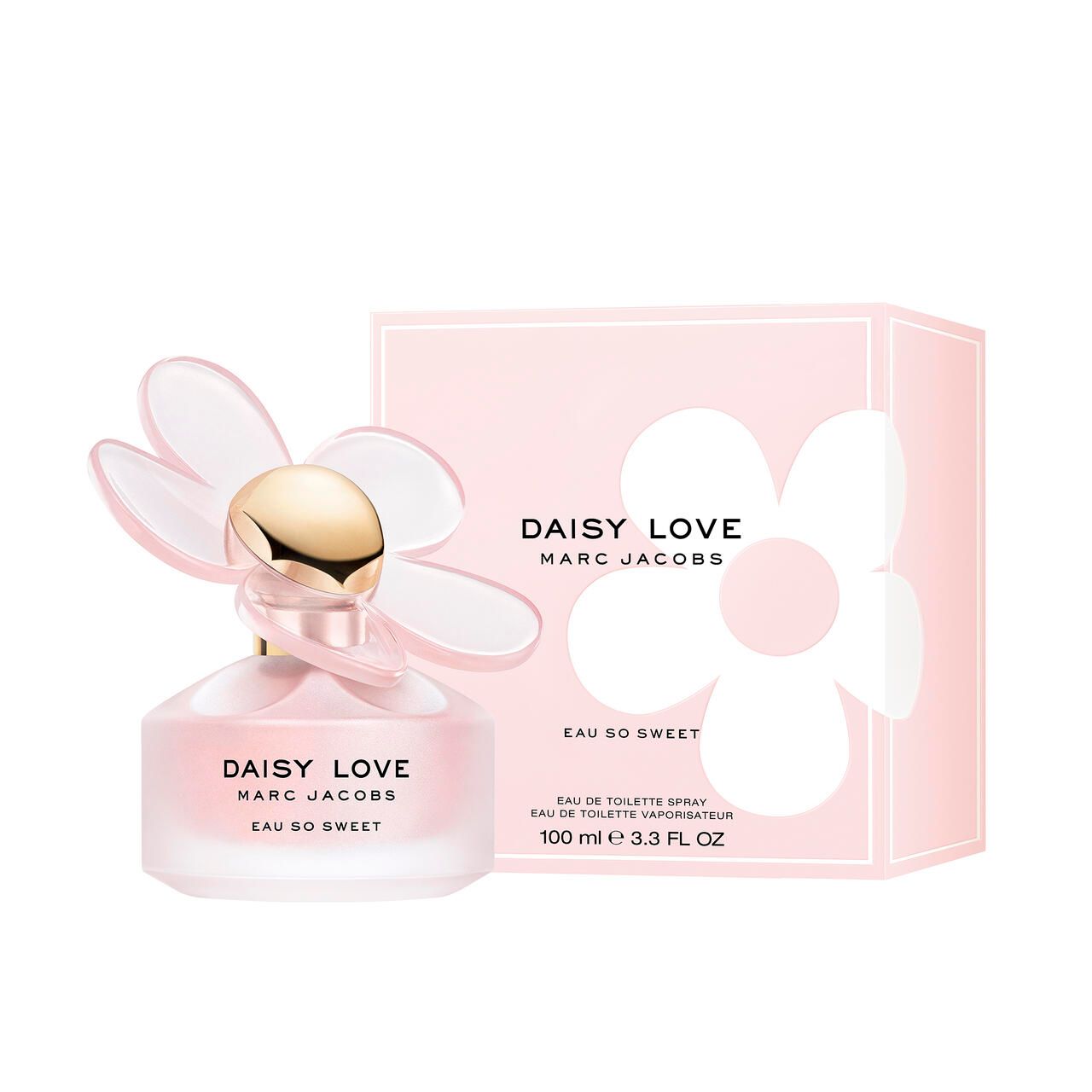 Rosa Flakon mit goldfarbenem Verschluss und blütenförmigem Deckel, neben rosa Verpackung. Schriftzug: Daisy Love, Marc Jacobs.