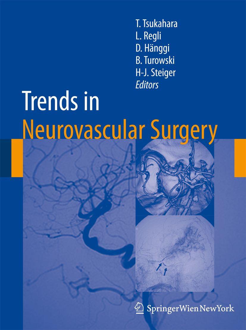 Buchcover: "Trends in Neurovascular Surgery". Autorennamen und Springer Wien NewYork Logo sichtbar. Abbildungen von medizinischen Scans.