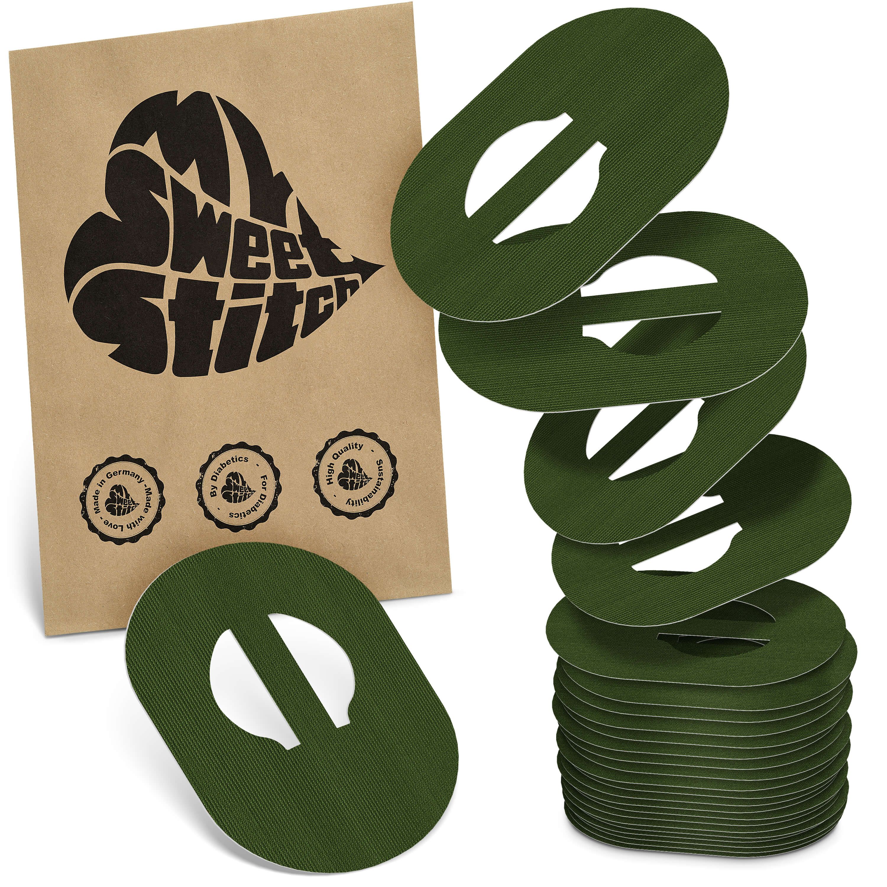 Grüne, ovale Overpatches mit Aussparung. Verpackung mit Logo "MySweetStitch" und Qualitätssiegeln. Stapel von Patches.