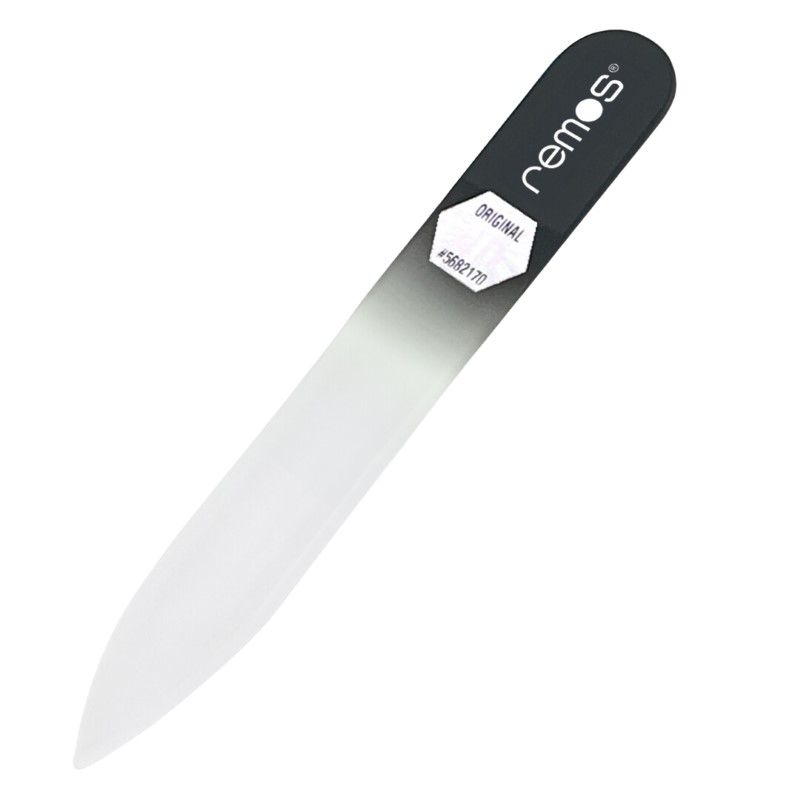 Glasnagelfeile, beidseitig, mit schwarzem Griff, Marke remos. Original-Aufkleber.
