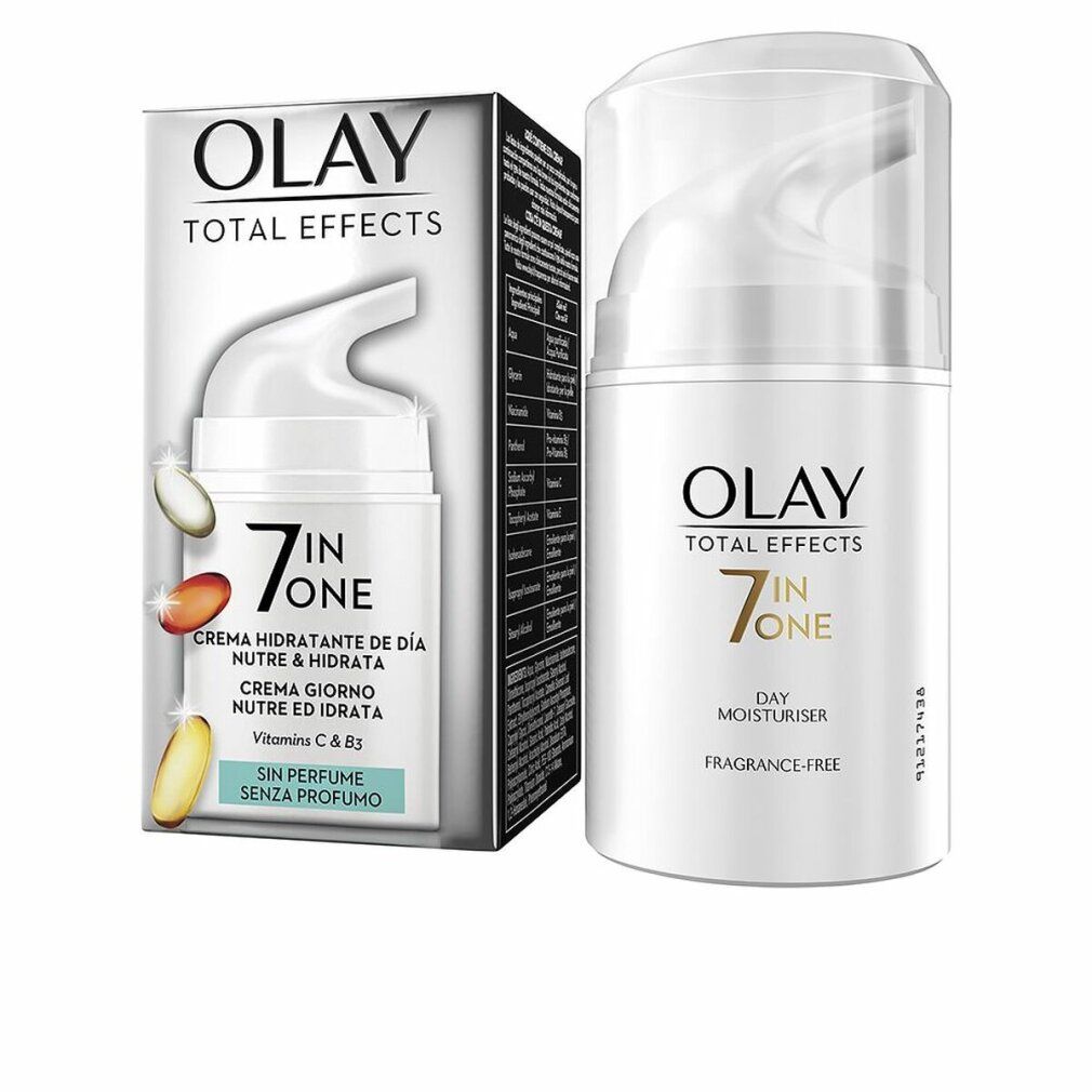 Weisse Spenderflasche mit weissem Pumpkopf und Karton. Aufschrift: Olay Total Effects 7 in One, Day Moisturiser, Fragrance-Free.