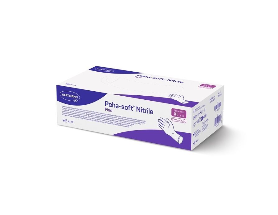 Verpackung von Peha-soft® nitrile fino Einweghandschuhen. Karton mit Produktnamen und Logo.