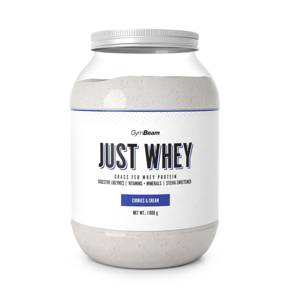 Großer Behälter mit Just Whey Proteinpulver in Cookies & Cream Geschmack.
