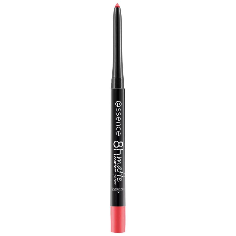 Lippenstiftstift mit roter Spitze. Schwarzer Stift mit Aufschrift "essence 8h matte comfort lip liner".