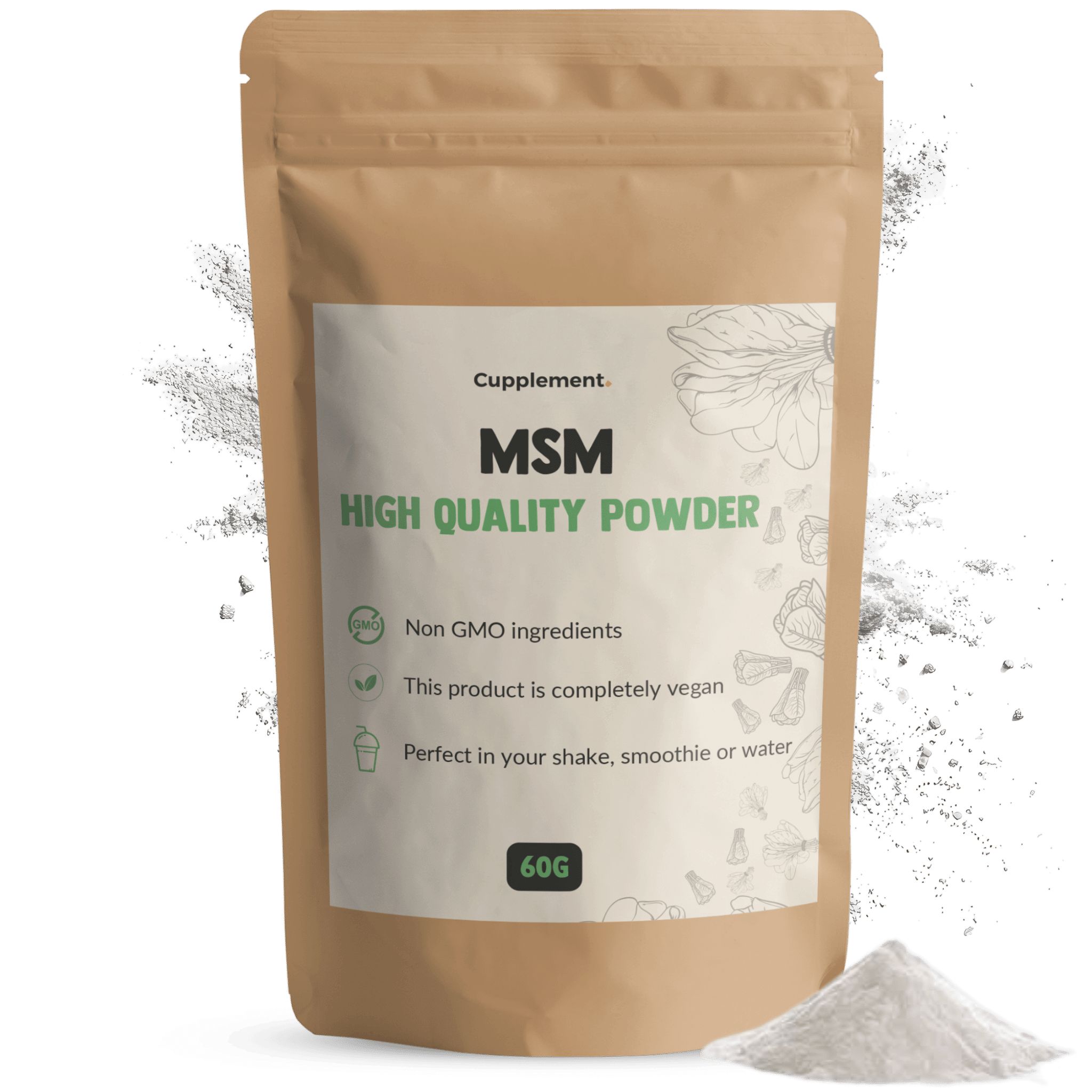 Beutel mit MSM-Pulver. Aufschrift: Cupplement MSM HIGH QUALITY POWDER. 60g. Vegan, ohne GVO.