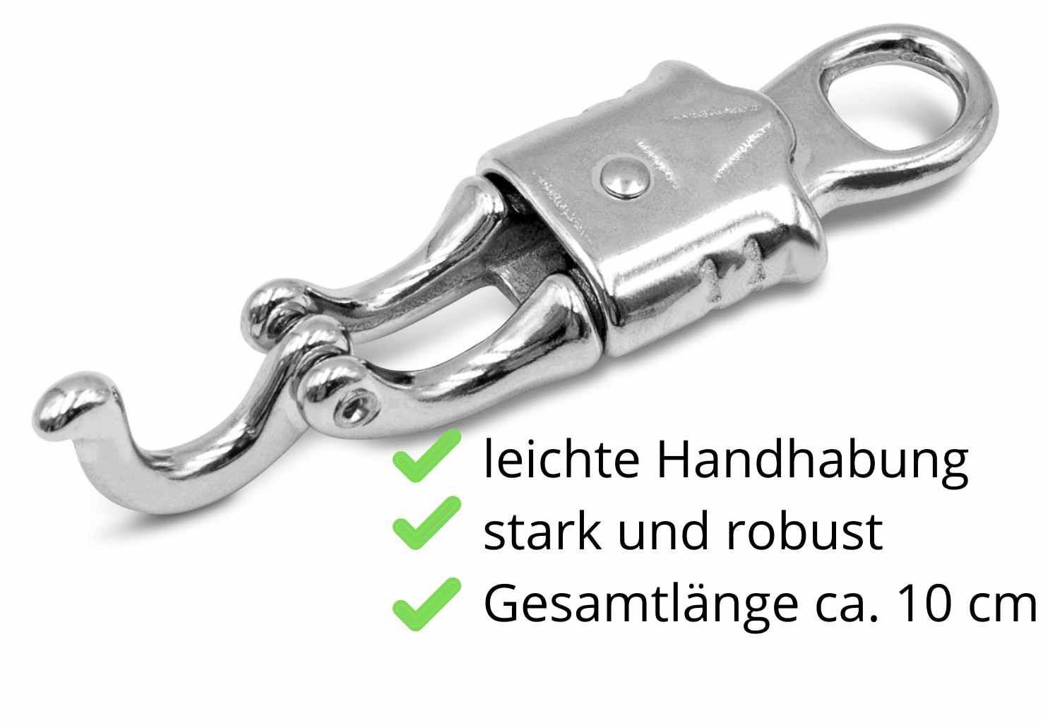 Metallhaken. Text: leichte Handhabung, stark und robust, Gesamtlänge ca. 10 cm.
