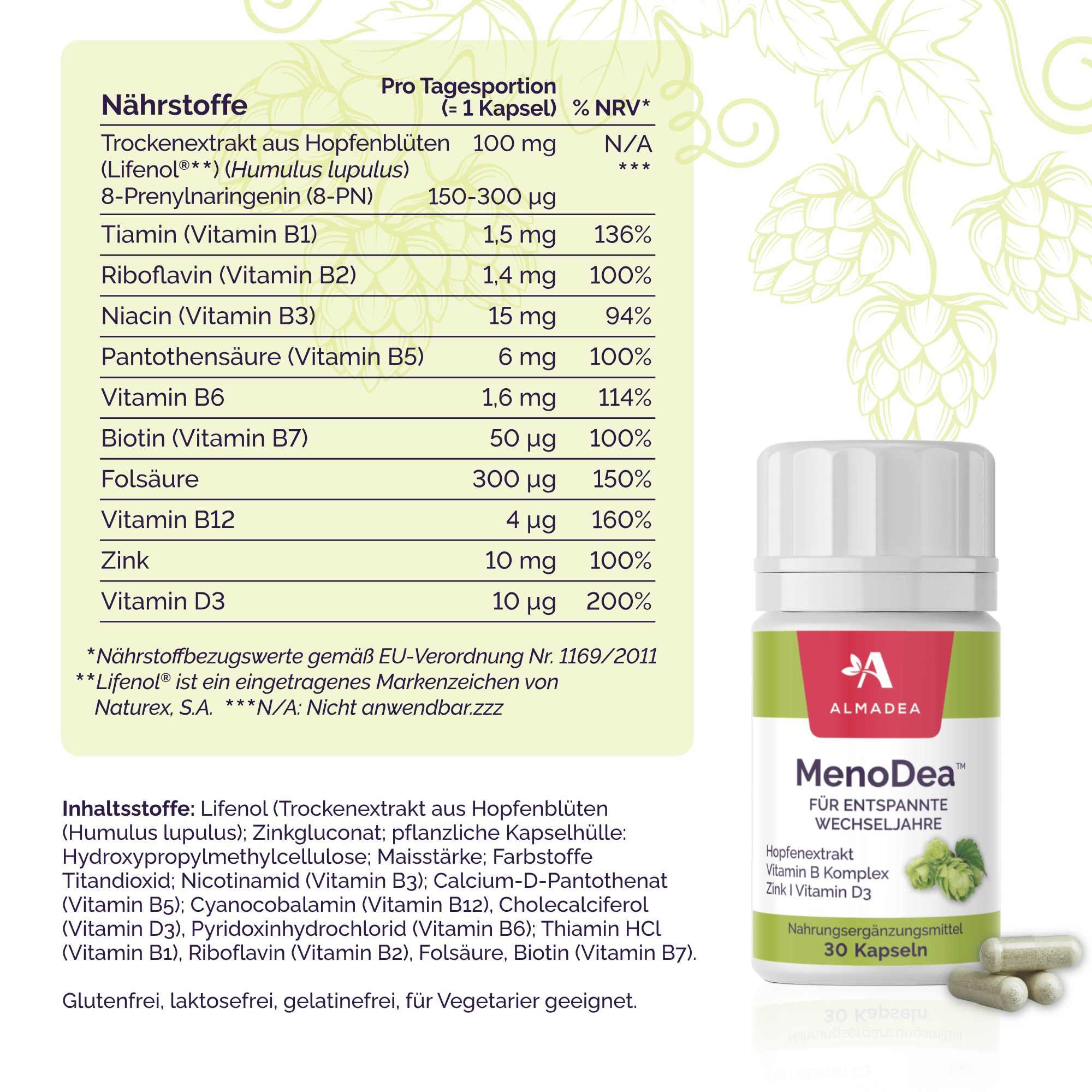 Nährstofftabelle von Almadea MenoDea. Inhaltsstoffe und Nährwerte pro Kapsel. Enthält Hopfenextrakt, Vitamine B1, B2, B3, B5, B6, B7, B12, Zink, Vitamin D3.