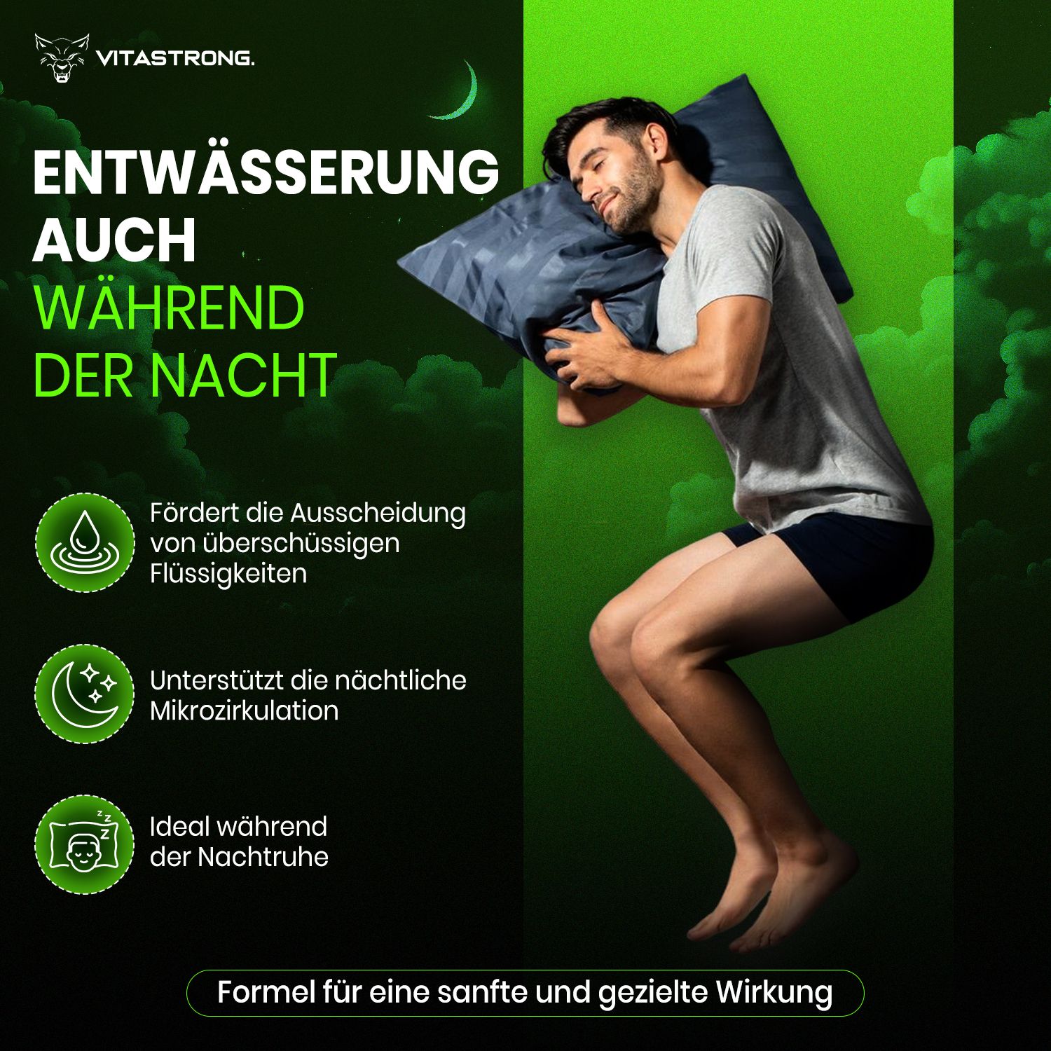 Mann im Bett. Text: Entwässerung während der Nacht. Fördert Ausscheidung, Mikrozirkulation, ideal für die Nachtruhe.