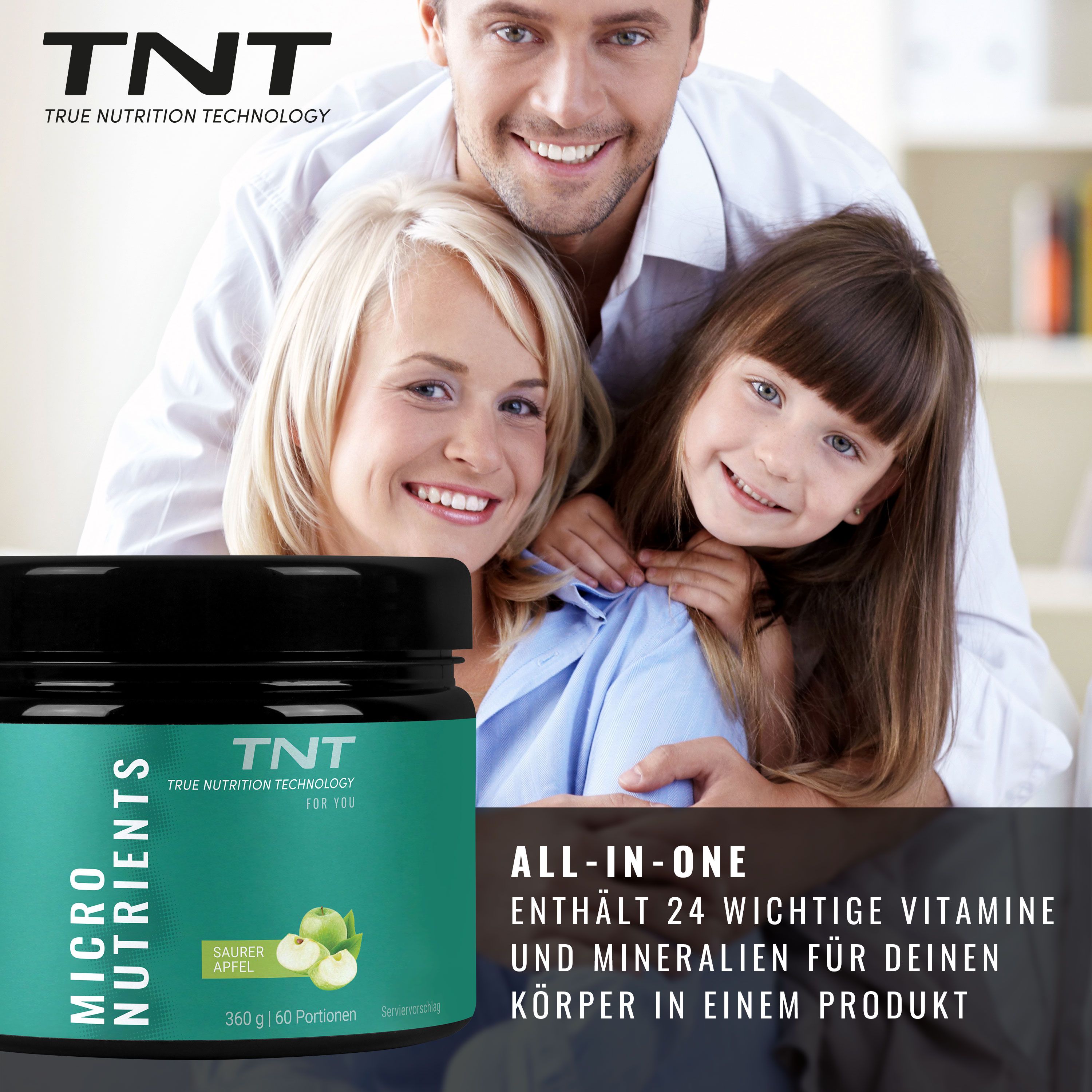 Familie mit Dose TNT Micro Nutrients. Text: ALL-IN-ONE, enthält 24 Vitamine und Mineralien. Apfel-Geschmack.