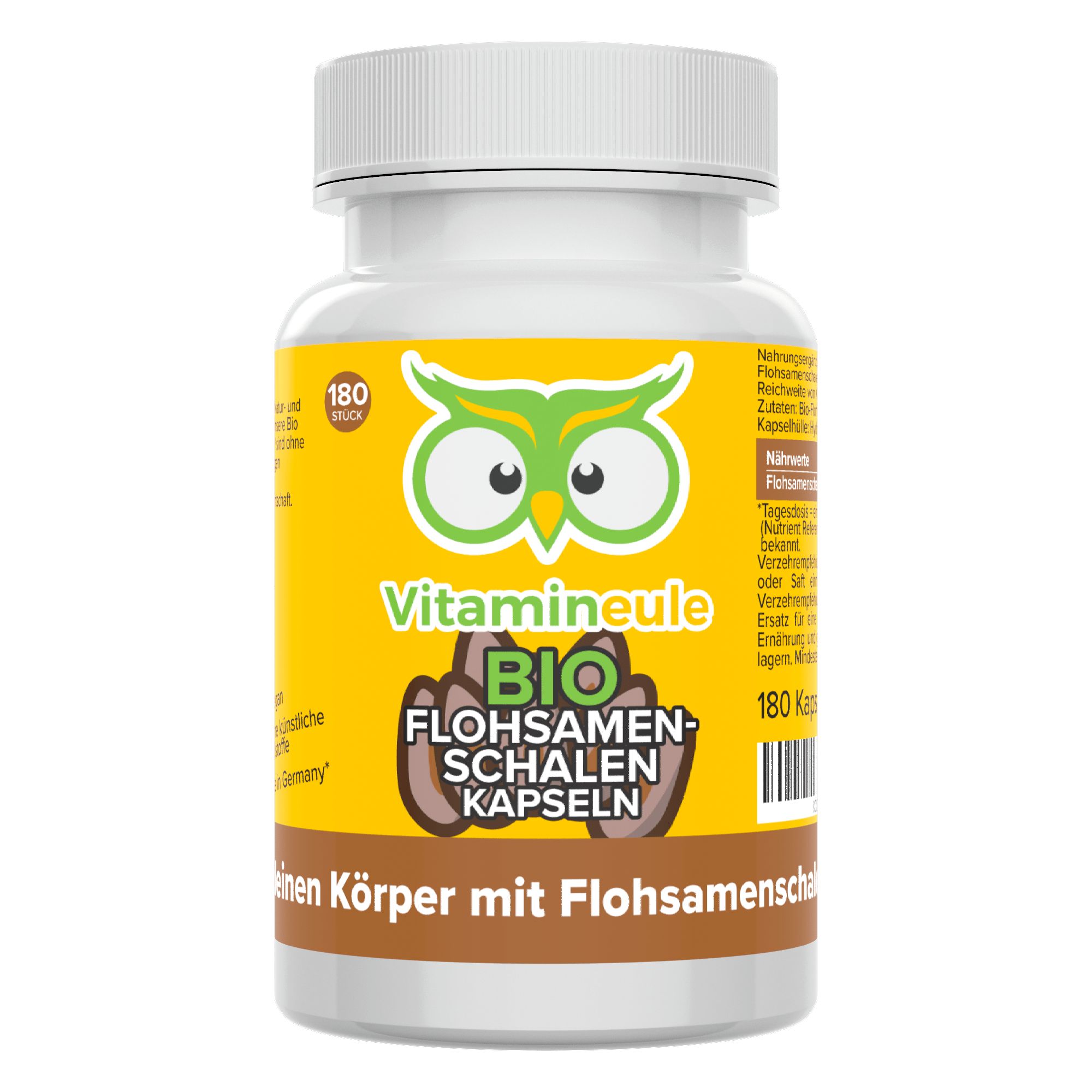 Weiße Flasche mit gelbem Etikett. Aufschrift: Vitamineule BIO Flohsamenschalen Kapseln. 180 Kapseln.