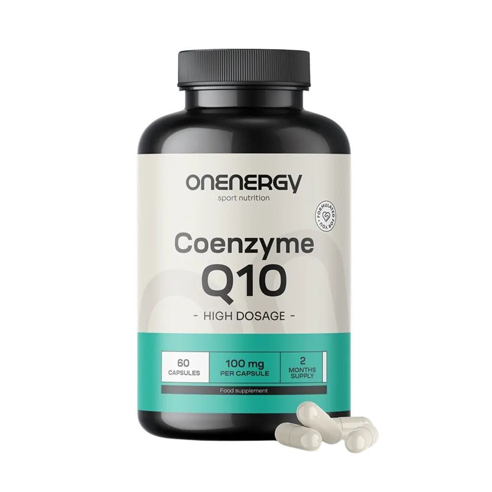 Schwarze Flasche mit weißen Kapseln. Aufschrift: OnEnergy, Coenzym Q10, 100 mg, 60 Kapseln, 2 Monate Vorrat.
