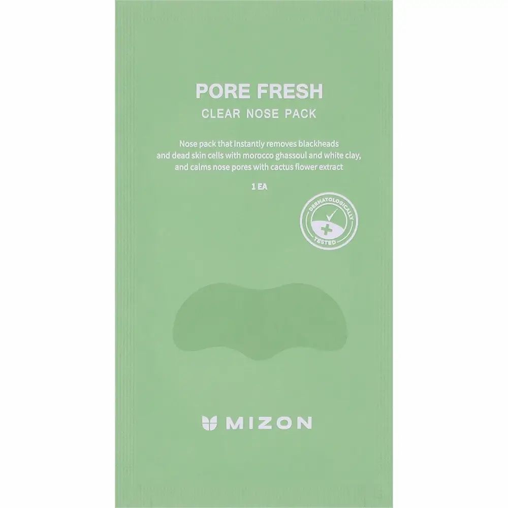 MIZON Pore Fresh Clear Nose Pack Einzelpackung mit Beschreibung der Inhaltsstoffe und Anwendung.