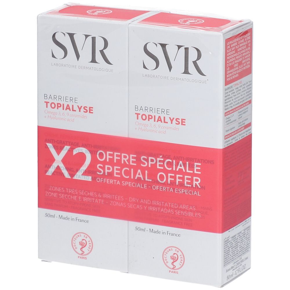 Doppelpackung SVR Barriere Topialyse. Weiß-rote Verpackung mit Produktnamen und Logo. "Offre Spéciale" und "X2" deutlich sichtbar.
